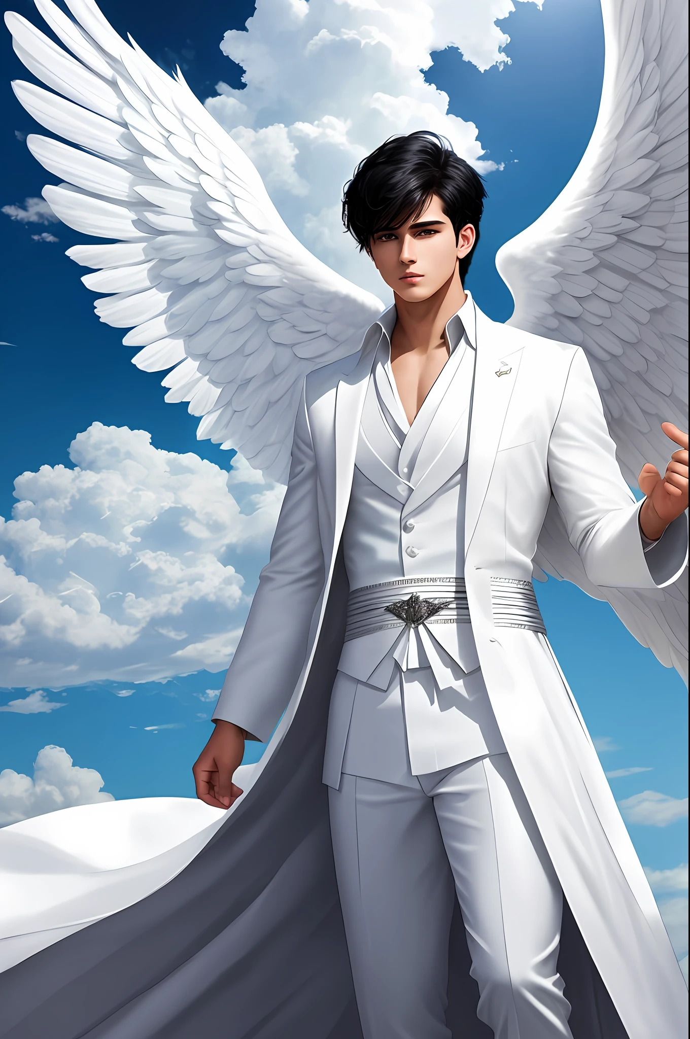 Handsome young man, teenager, masculine, super realistic, extremely detailed, masterpiece, 8k, short black hair, white robe, angelic white skirt, angelic pants, angel halo, big angel wings, blue pupils, white long sleeves, luminosity of the sky, realistic clouds
