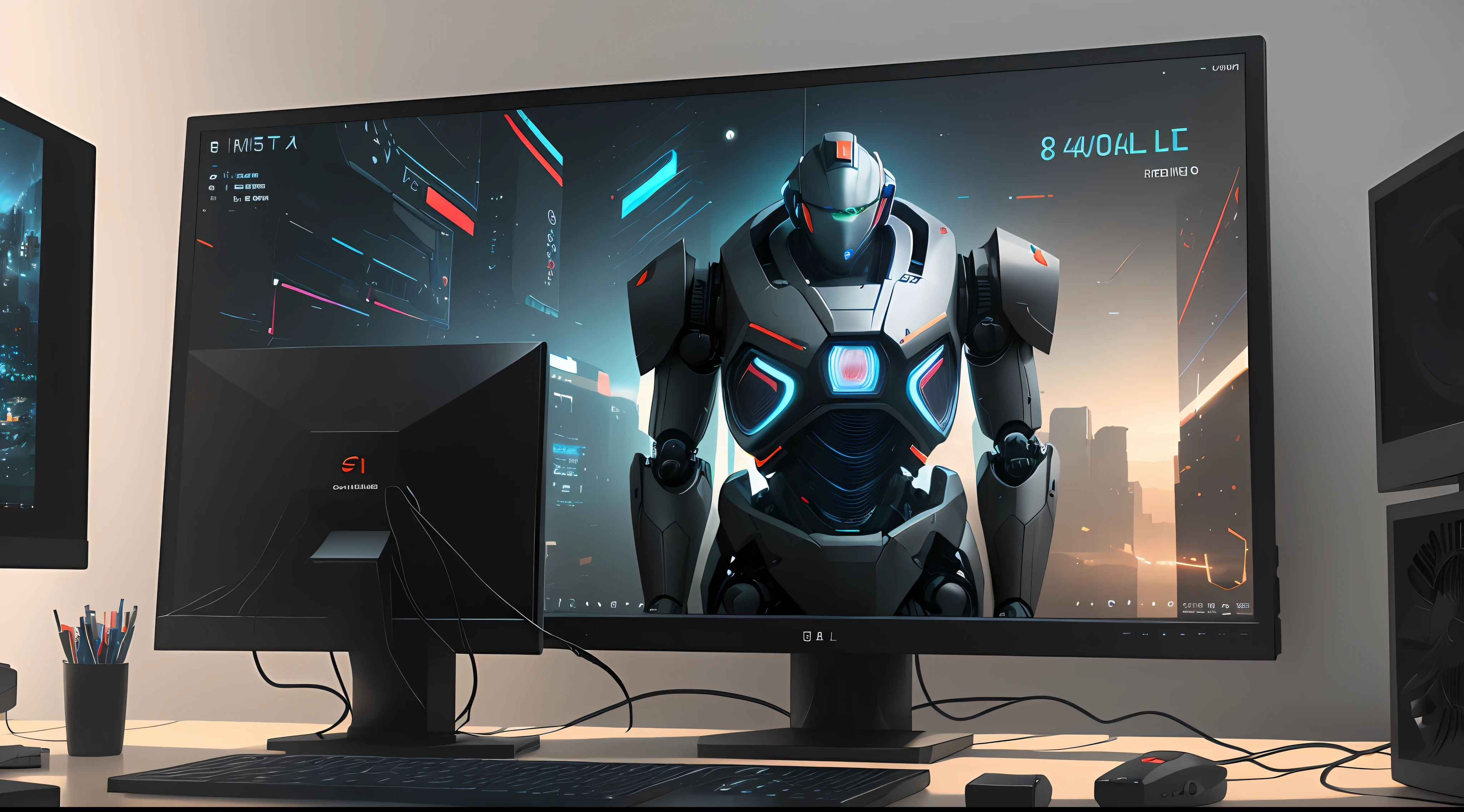 there is a computer monitor with a picture of a robot on it, 8k computer render, wallpaper for monitor, 4k highly detailed digital art, computer game art, unreal enginedigital painting, gaming monitors. artstation, modular game dev art, 8k octae render photo, 8 k render, 8k render, 4k detailed digital art