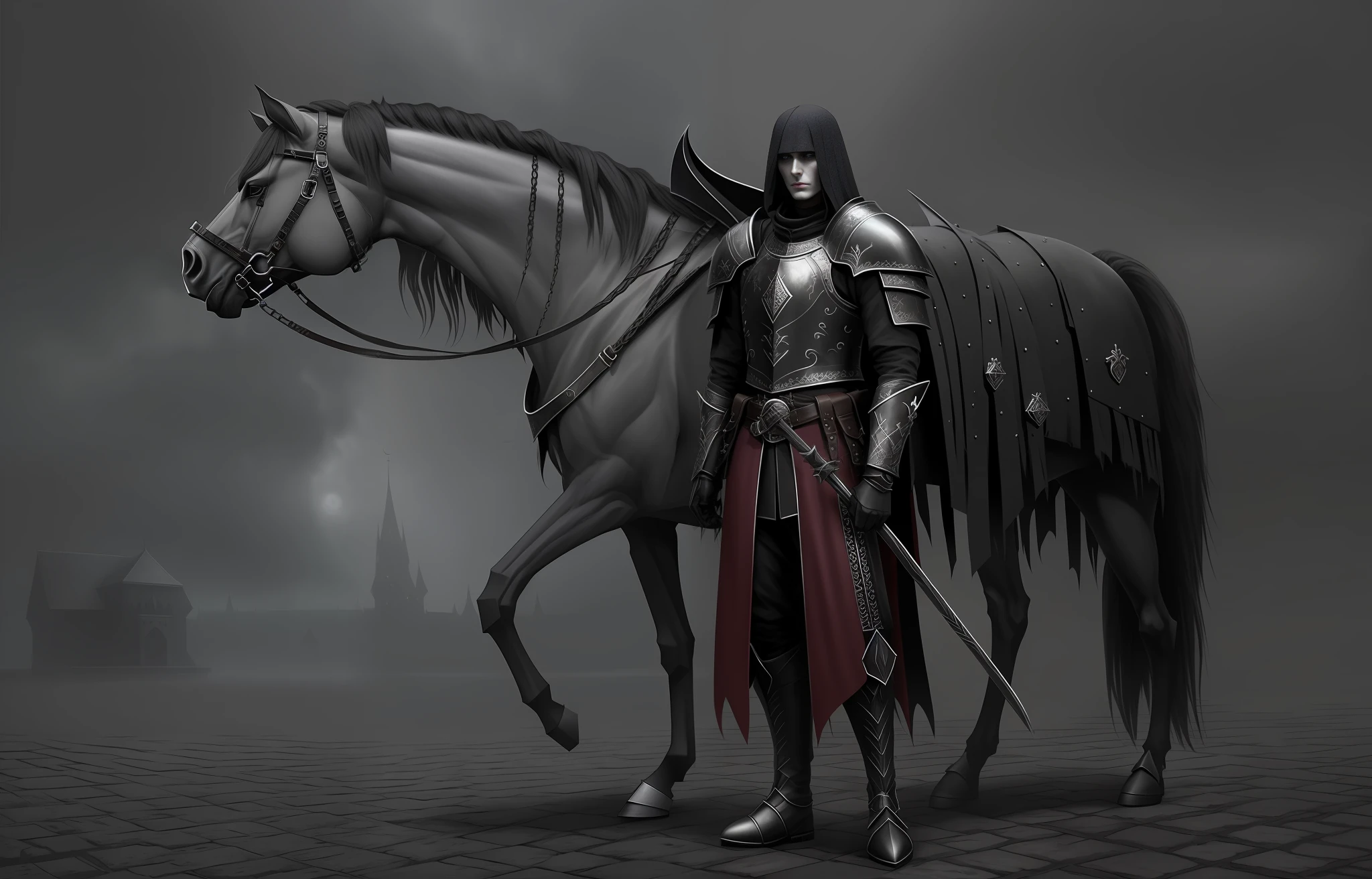 There is a man next to a horse on a brick road, dark fantasy concept art, dark fantasy art style, dark fantasy style art, gothic knight, male knight, dark fantasy character design, medieval concept art, undead winged hussar, medieval dark fantasy, abaddon and magali villeneuve, of a handsome dark dark knight, dark medieval fantasy art, dark horror art, gothic art. darkness style.
