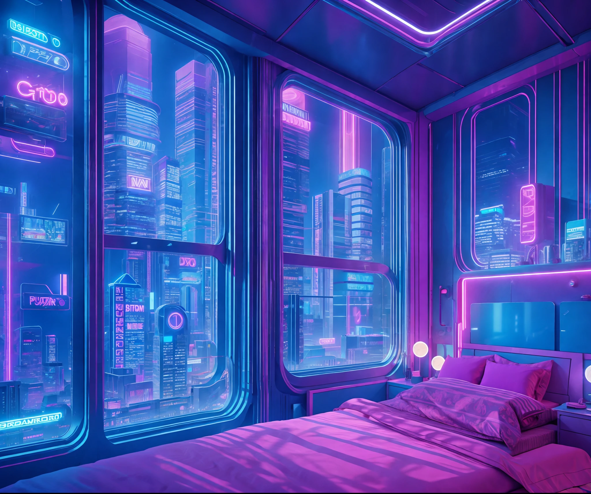 ((masterpiece)), (ultra-detailed), (intricate details), (high resolution CGI artwork 8k), Create an image of a small retro-futuristic and realistic vaporwave cyberpunk bedroom at night time. One of the walls should feature a big window with a busy, colorful, and detailed (cyberpunk), synthwave, neon cityscape. The city should have a futuristic style with lots of colors, neon lights, signs, and differently-sized buildings. The cityscape should be extremely detailed with depth of field. The city should have a lot of visual interest with many small details. Utilize atmospheric and ambient lighting to create depth and evoke the feel of a busy futuristic city outside the window. Pay close attention to details like intricate, hires eyes and 90s bedroom accents. Camera: wide shot showing part of the room and the window. The window should be the focal point of the image. The cityscape should fill the window. Lighting: use atmospheric and volumetric lighting to enhance the cityscape details. The room should be illuminated by the neon lights from the cityscape.