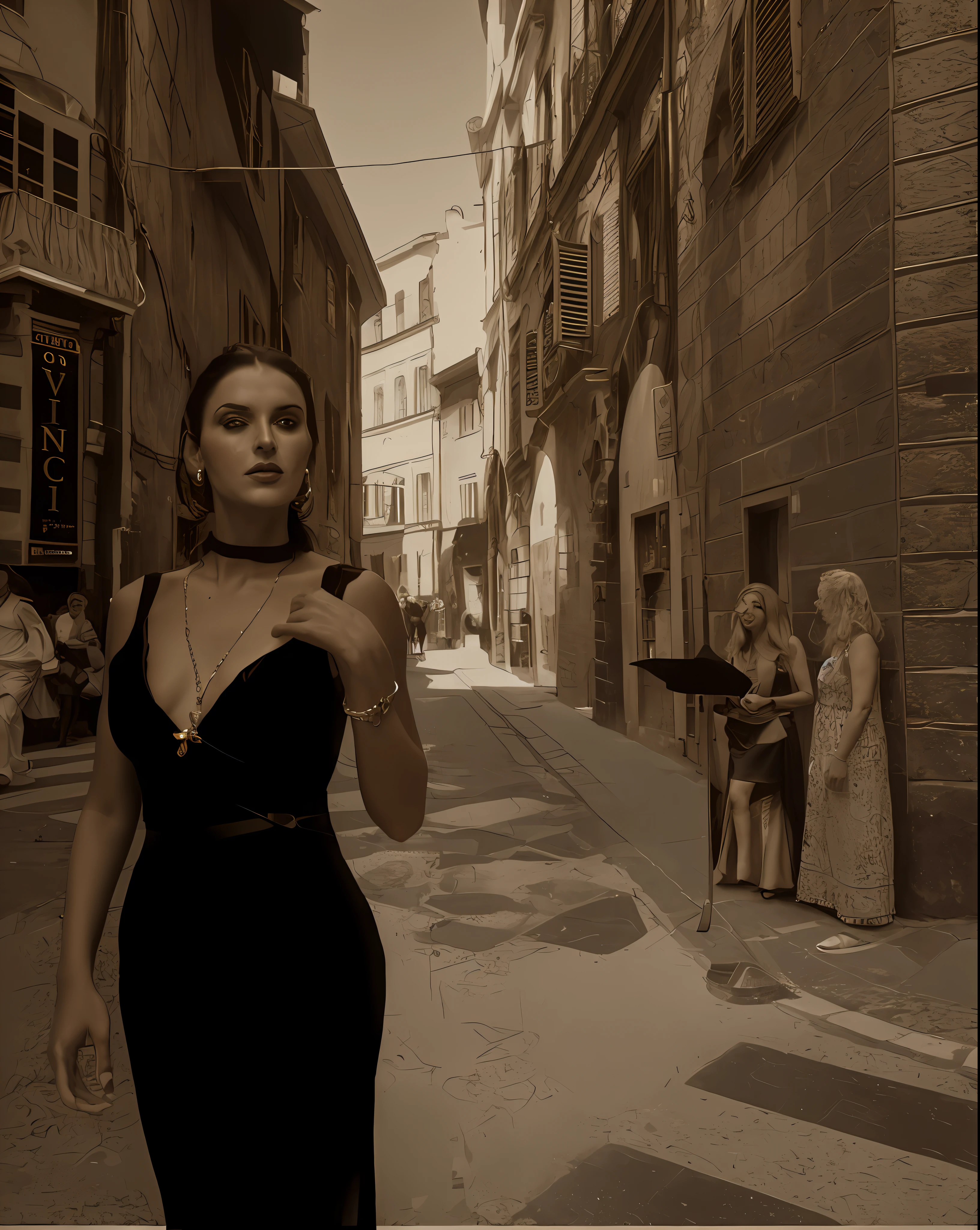 there is a woman in a black dress walking down a street, gothic city streets behind her, inspired by Carlo Mense, in the street, inspired by Helmut Newton, in the city, in city street, on a street, in a street, inspired by Eliseu Visconti, by Stan Galli, inspired by Peter Basch, inspired by Mario Sironi