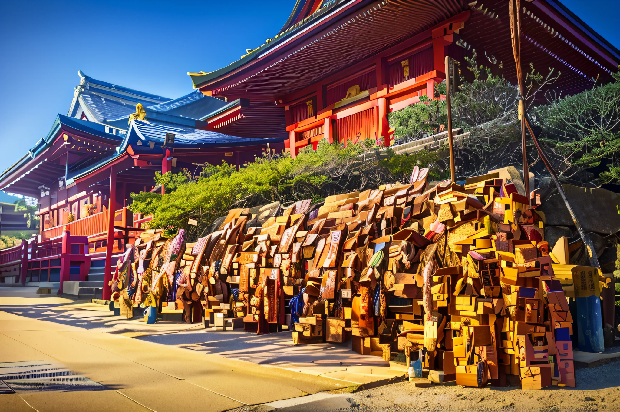 arafed wood stacked up in front of a building with a blue sky, shinto shrine, japanese shrine, shrine, japanese temples, shrines, japanese temple, inari shrine, tokio, inspired by Gusukuma Seihō, beautiful image, けもの, piled around, stacks of giant books, near a japanese shrine