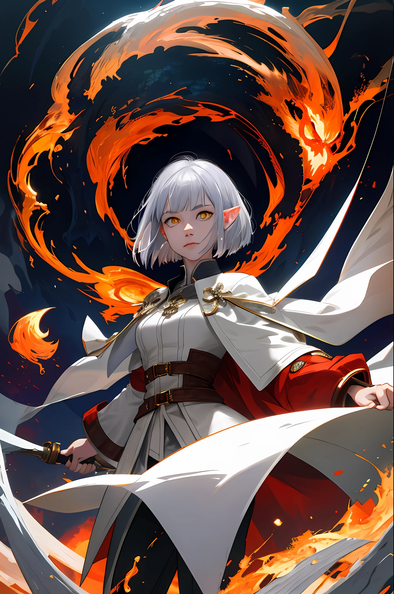 (absurdres, highres, ultra detailed), girl, (elf ears, adult, cute face:1.2),thin, medium breasts, fragile, straight hair, messy hair, (white with red accents coat, assasin-style coat, fantasy (pants), boots), adventurer clothes,glowing eyes, (grey hair:1.3), ((bob cut)), (yellow eyes), finely detailed eyes and detailed face, extremely detailed CG unity 8k wallpaper, intricate details, (style-swirlmagic:0.8), portrait, looking at viewer, solo, (full body:0.6), dynamic pose, detailed background, madness in eyes, hovering in the air, necromancer, evil to the core, red clouds, casting a spell, ((chaos magic)), , underworld, warhammer theme, bringer of the false light, dark clouds, floating pieces of dirt, decadence, evil energy emanating, dark aura, broken shackles, , cowboy shot