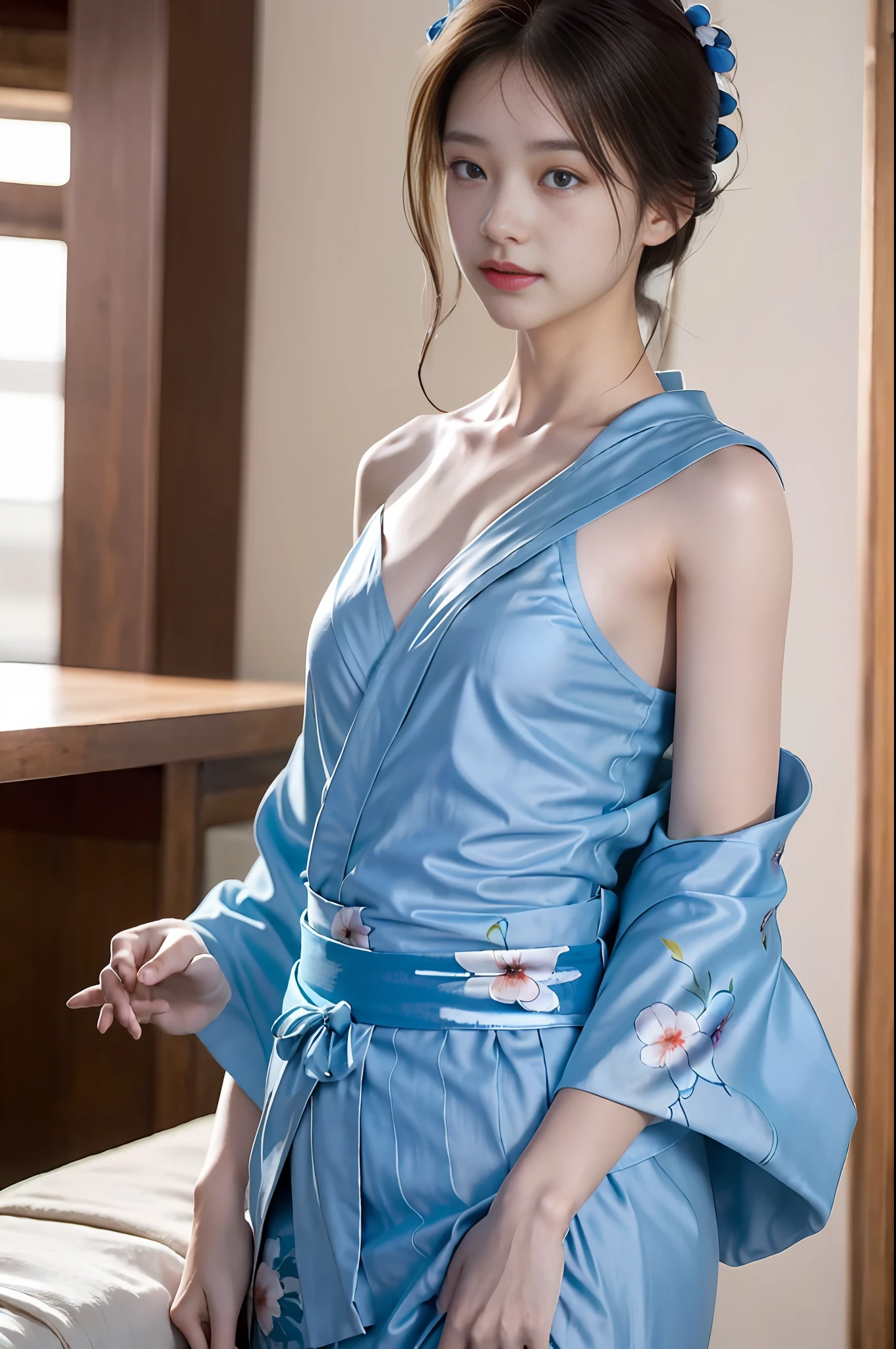 ((masterpiece, top quality, super definition, high definition)), solo, beautiful girl, shining eyes, perfect eyes, 16 years old, blue theme, ((disheveled yukata)), ((shoulders and chest exposed)),(no underwear))) fireworks
