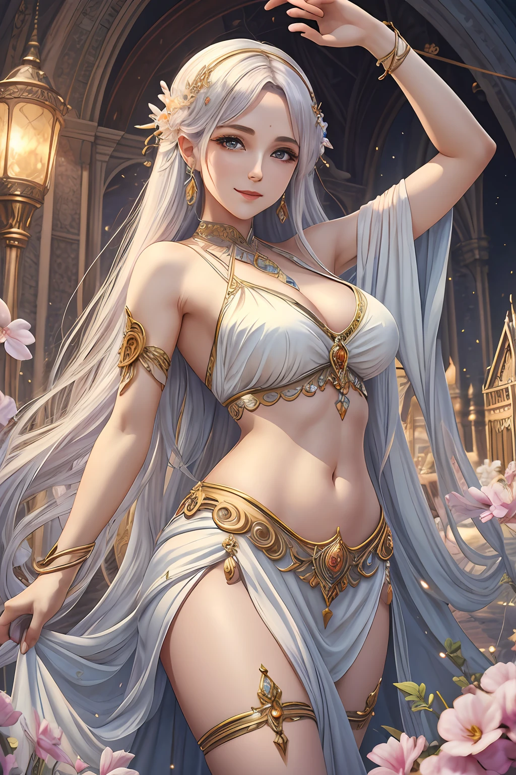 a mature woman, ethereal, vivid color, white goddess clothes, bare shouders, perfect female figure, thighs, armpits, expressionless, light smile, trending on Art Station, masterpiece, 8k resolution, fantasy art,