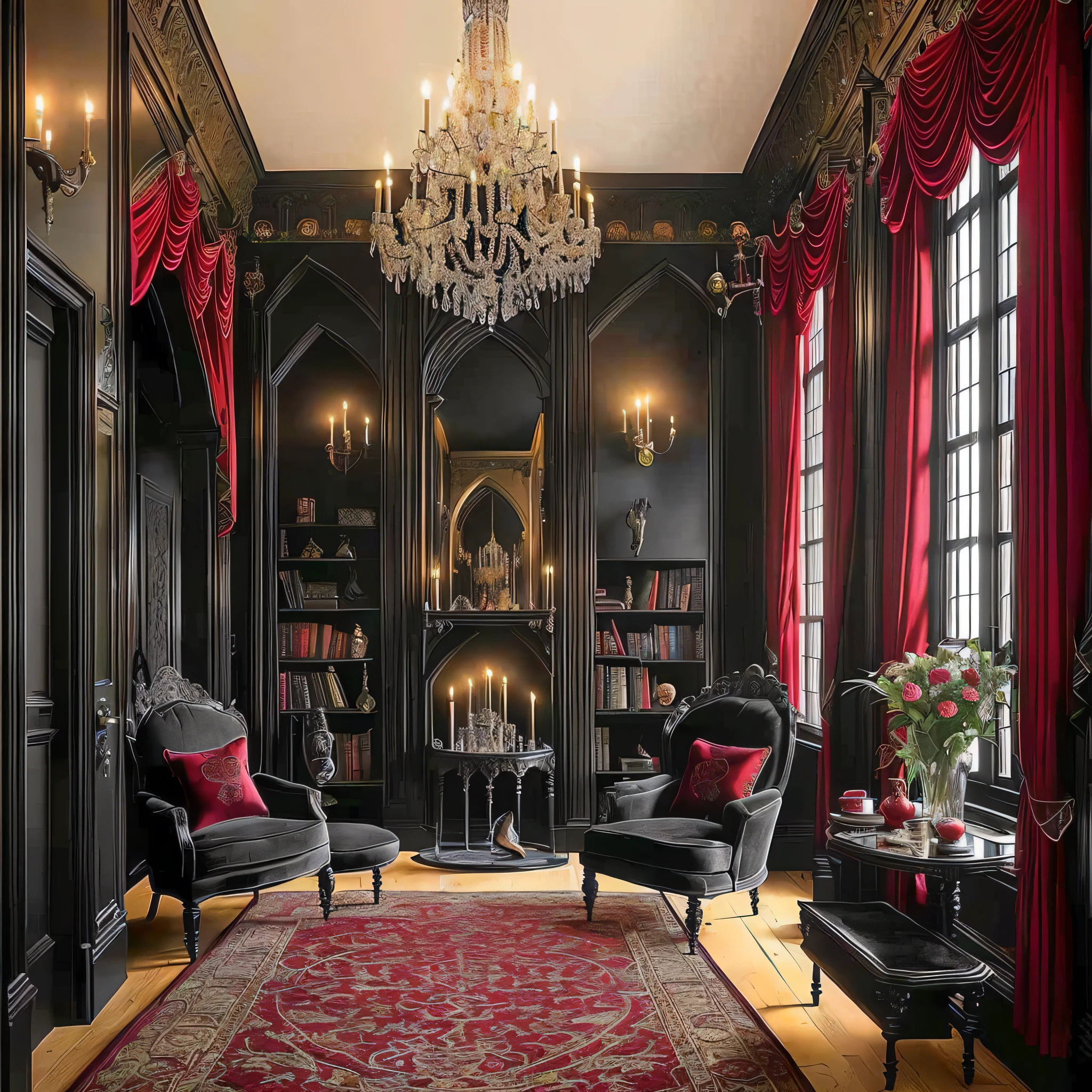 (exquisitely crafted interior design inside a gothic vampire's mansion),(black as the main tone color), chandeliers, candlesticks, red curtains, spiral staircases, long hallways, hidden doors, mysterious rooms. --auto --s2