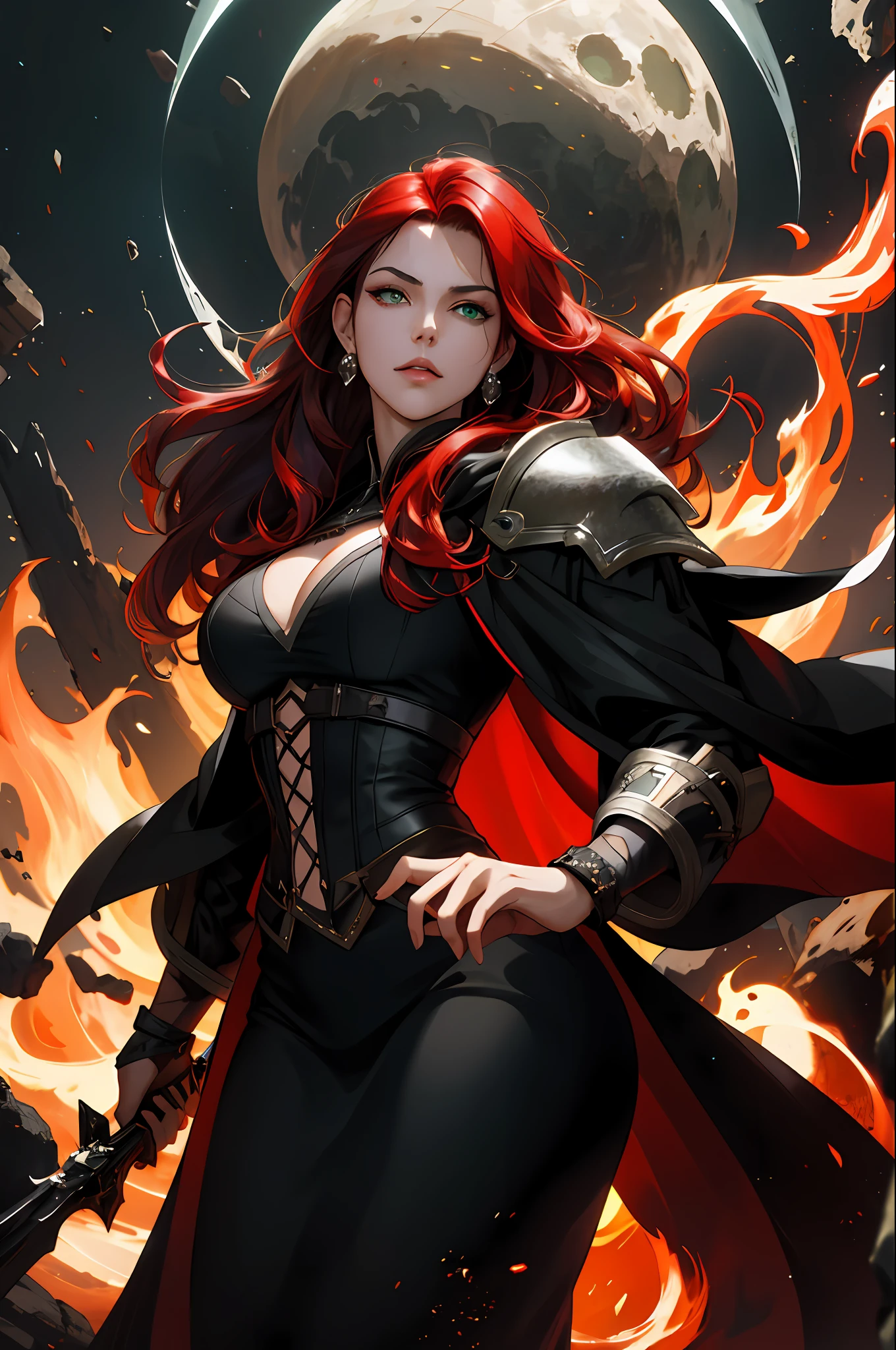 (absurdres, highres, ultra detailed), girl, (makeup, widow peak:1.2), (monica belucci:1.3),((thicc,voluptuous, curvy)), curly hair, braid, kingsglaive garb, fox fur cape, gunslinger clothes,leather armor, glowing eyes, (crimson hair:1.3), long hair, (green eyes), finely detailed eyes and detailed face, extremely detailed CG unity 8k wallpaper, intricate details, (style-swirlmagic:0.8), portrait, looking at viewer, solo, (full body:0.6), dynamic pose, detailed background, madness in eyes, hovering in the air, necromancer, evil to the core, red clouds, casting a spell, fireball, hooded dark robe, dark circlet, underworld, warhammer theme, bringer of the false light, dark clouds, floating pieces of dirt, decadence, evil energy emanating, dark aura, broken shackles, , cowboy shot