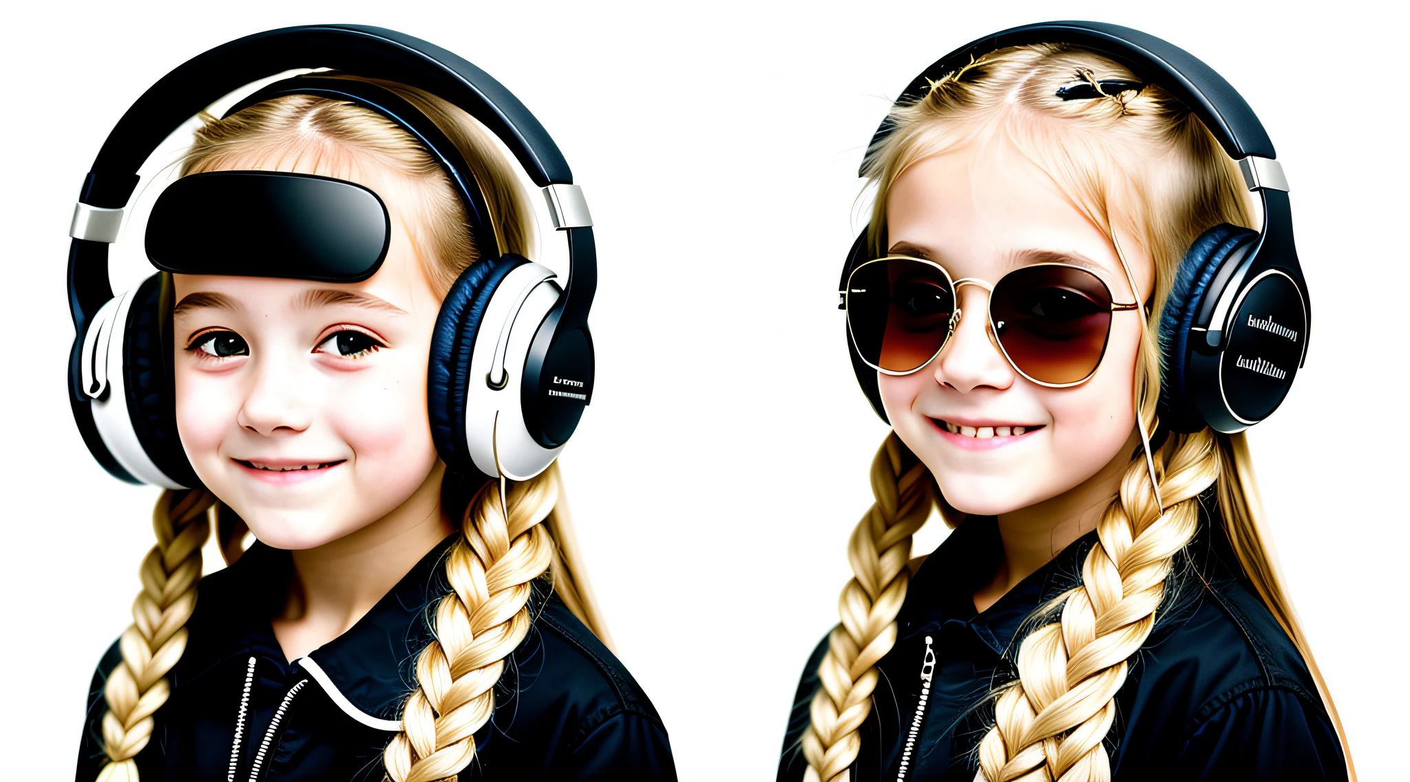 girl ********, blonde long hair of braids,portrait, with headphones and sunglasses, smiling and holding hands up, VINYL COAT, girl wearing headphones, listening to music, wearing headphones, with headphones, with headphones, wearing a headset, vibrating with music, listening to pious music,  Using headphone jack, using headset for gaming, tinnitus, high quality portrait, headphones on, , digital art H 9 6 0,, (white background: 1.3).