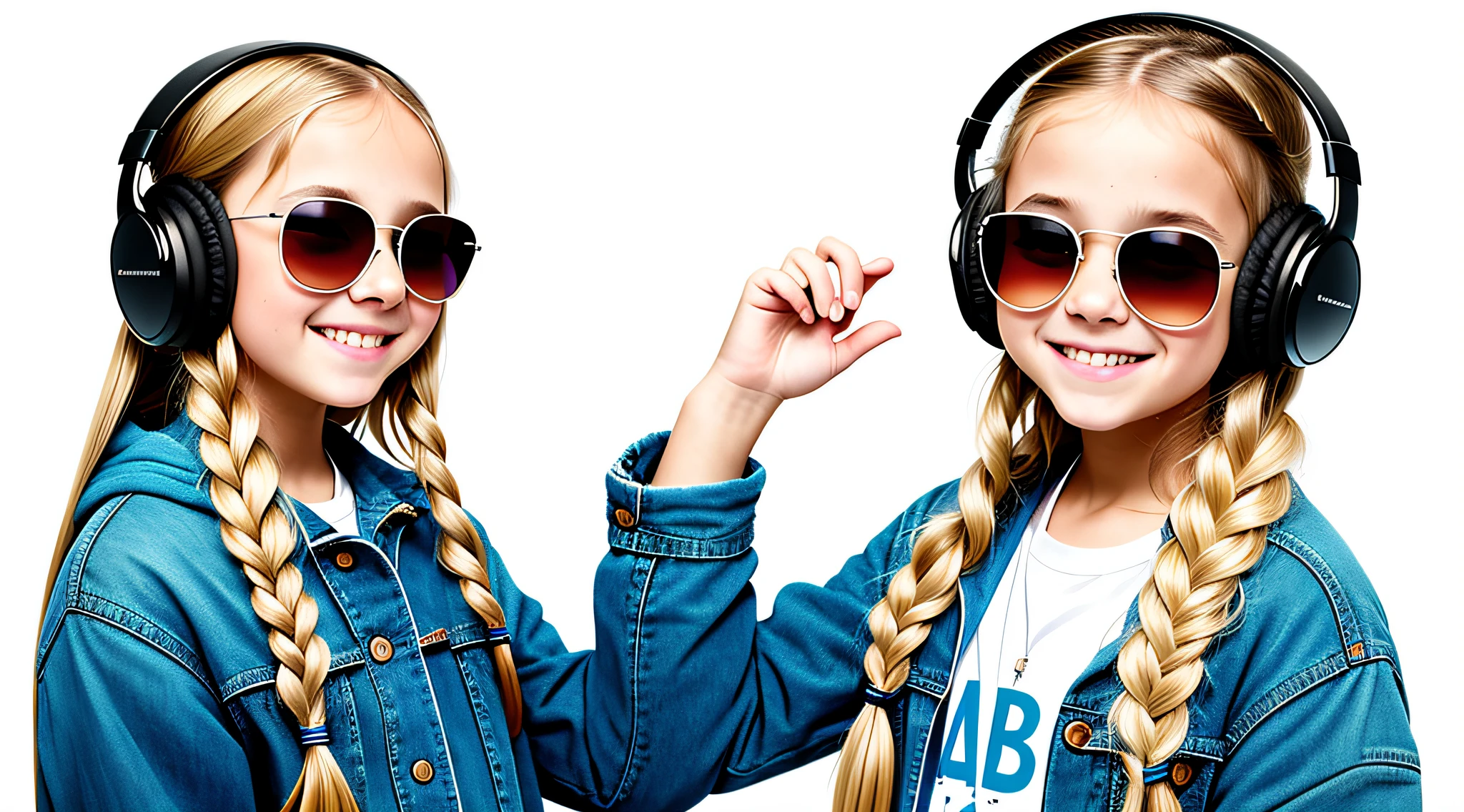 girl 12 years, blonde long hair of braids,portrait, with headphones and sunglasses, smiling and holding hands up, VINYL COAT, girl wearing headphones, listening to music, wearing headphones, with headphones, with headphones, wearing a headset, vibrating with music, listening to pious music, Using headphone jack, using headset for gaming, tinnitus, high quality portrait, headphones on, , digital art H 9 6 0,, (white background: 1.3).