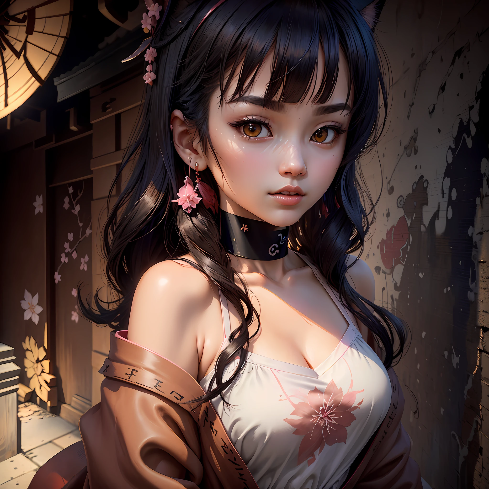 (Masterpiece, Excellent, 1girl, solo, complex details, color difference), realism, ((medium breath)), off-the-shoulders, neckline, sexy, long black hair, cat ear tiara, hair with bangs, brown eyes, earrings, sharp eyes, perfectly symmetrical figure, choker, light pink shirt, open jacket, cropped, brick wall, graffiti, dim lighting, alley, looking at the audience, ((medium, seductive, charming)), ((cherry blossom background))), ((Japanese temple background)))), (((bright background in the dark))) --auto --s2