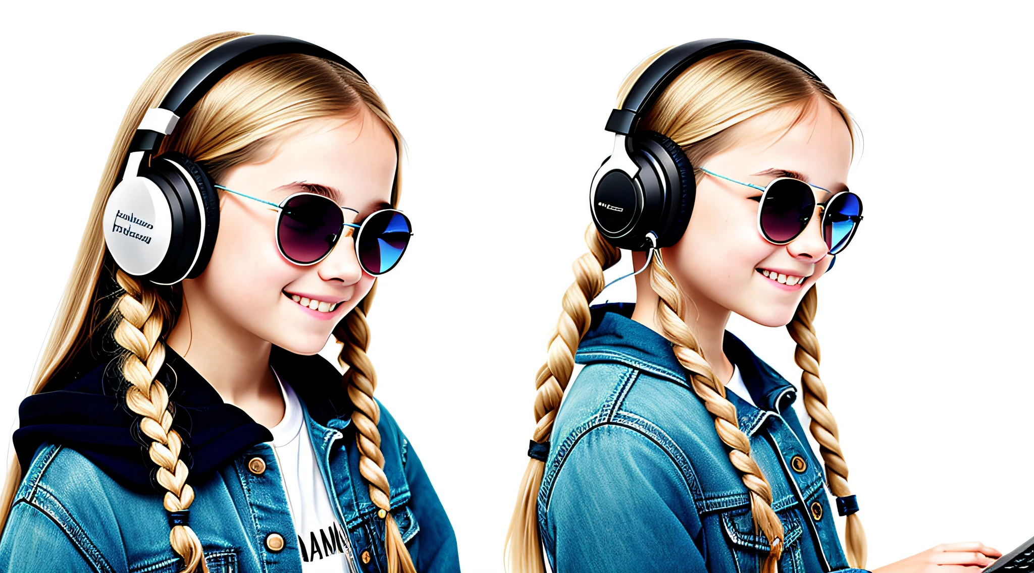 girl , blonde long hair of braids,portrait, with headphones and sunglasses, smiling and holding hands up, VINYL COAT, girl wearing headphones, listening to music, wearing headphones, with headphones, with headphones, wearing a headset, vibrating with music, listening to pious music, Using headphone jack, using headset for gaming, tinnitus, high quality portrait, headphones on, , digital art H 9 6 0,, (white background: 1.3).