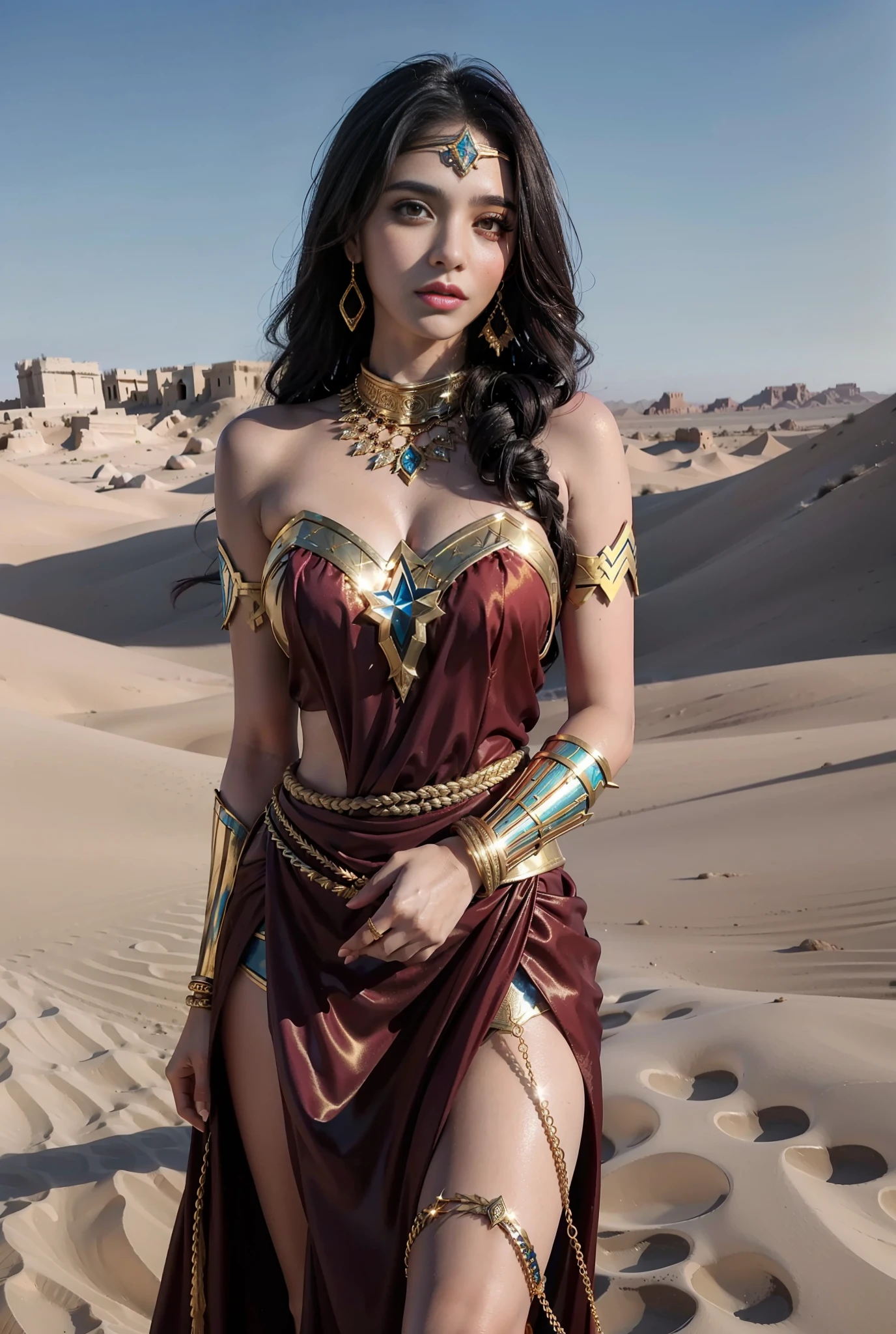 Portrait of a young Arab woman dressed With fantasy of wonder woman, seductive, extremely beautiful and attractive, Arabic version of wonder woman, in front of a city in the desert, long messy hair, rich colorful clothes and golden jewelry, fine fabrics, makeup big and detailed eyes, large eyelashes, golden rope wrapped around the waist, golden bracelets, royal pose and attitude.