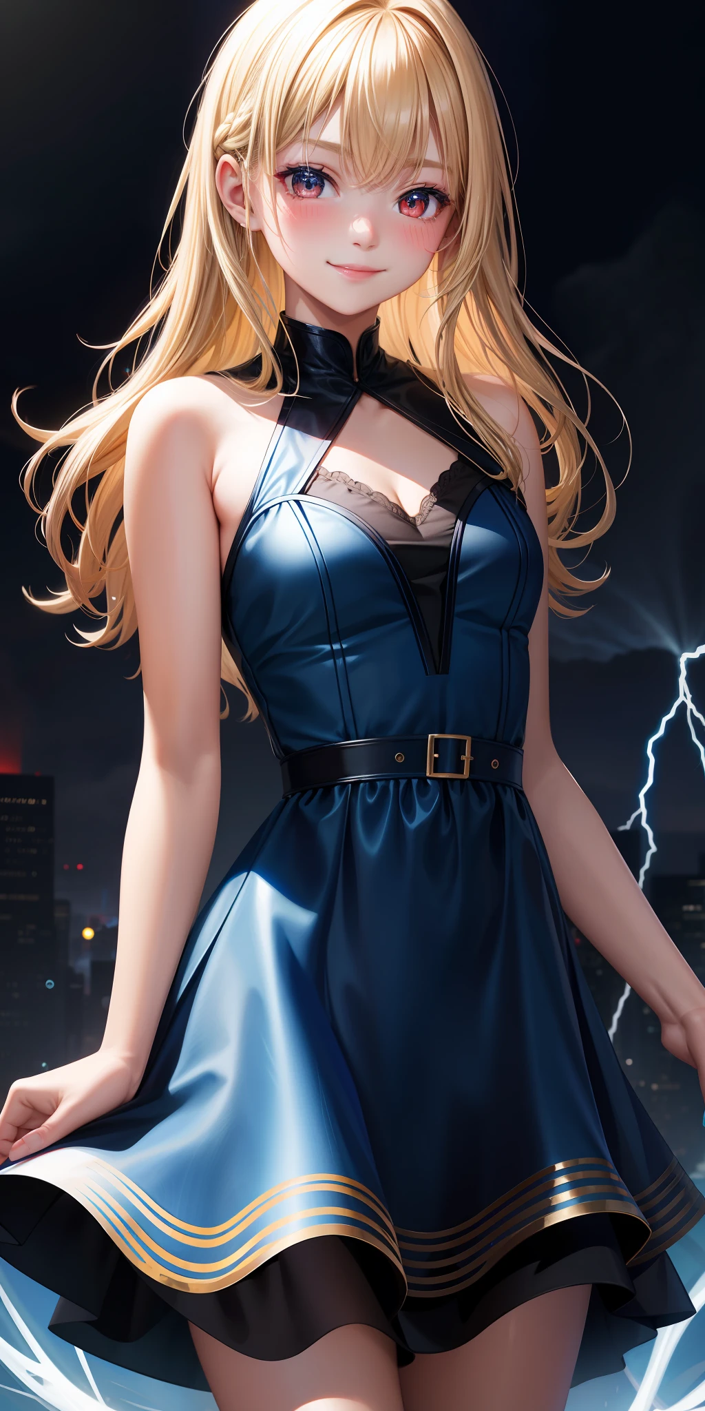 young girl one, blonde, red eyes, blue dress, beauty, beautiful, blush, little smile, midnight, lightning, blue lightning