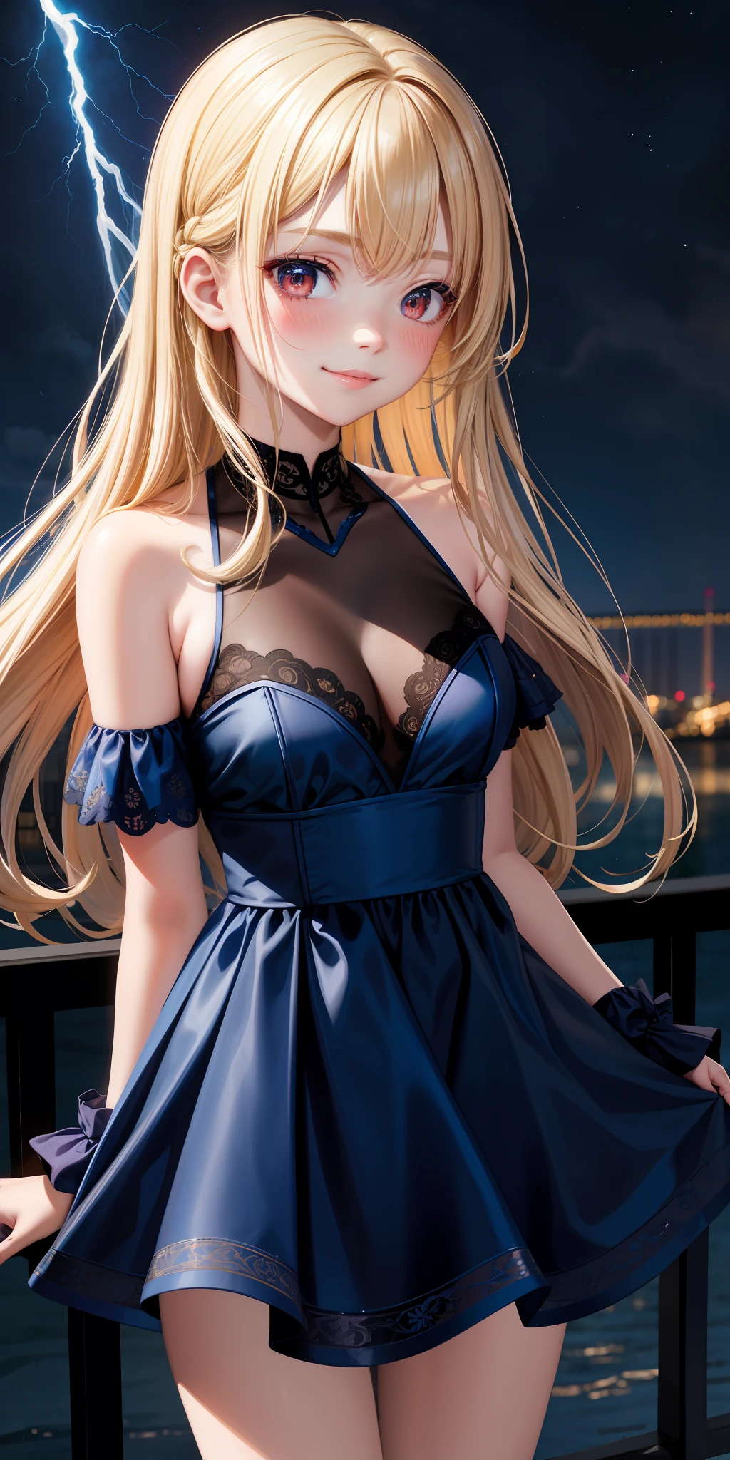 young girl one, blonde, red eyes, blue dress, beauty, beautiful, blush, little smile, midnight, lightning, blue lightning