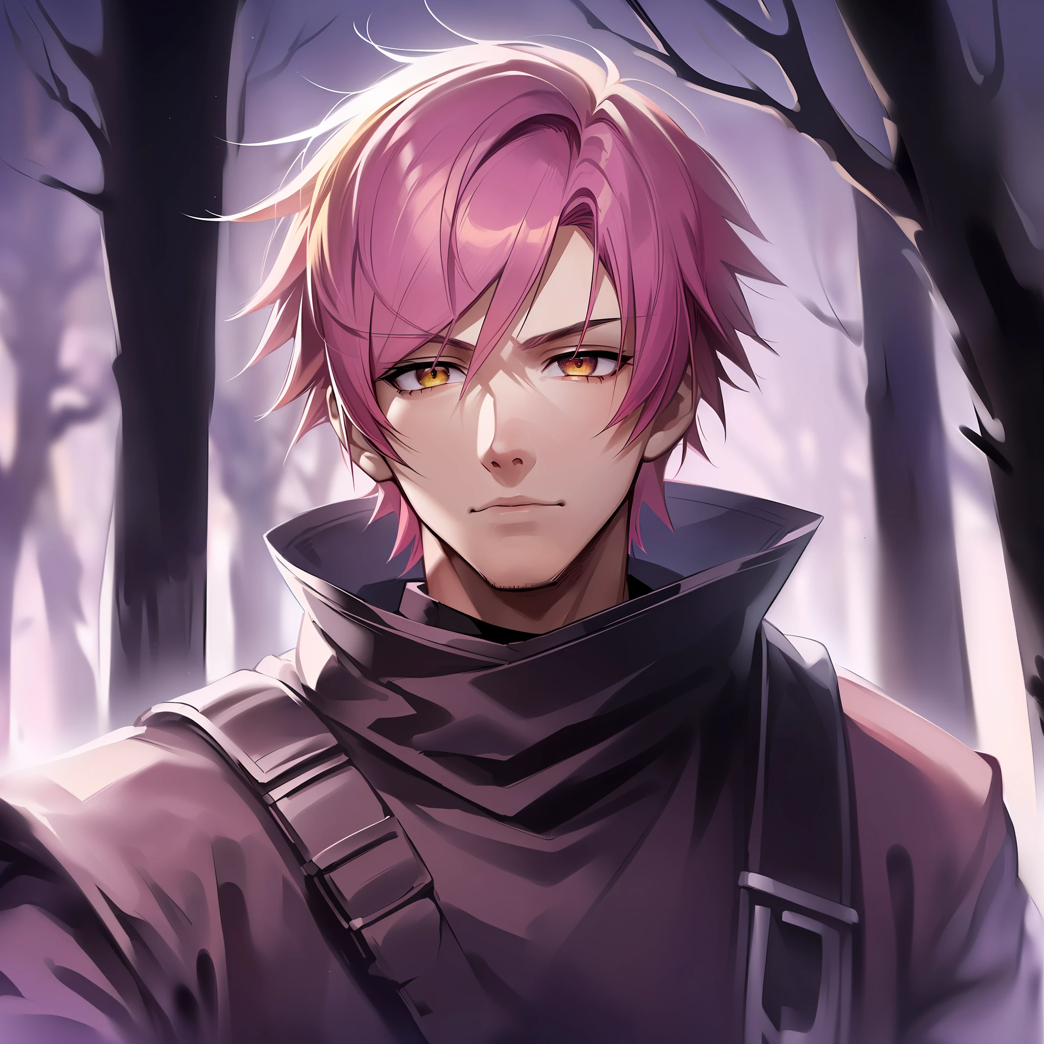 anime image of a man with dark pink hair and yellow eyes, short hair, spiky hair, 1man, solo man, anime handsome man, name of the character is chad, pink - haired anime boy, male anime character, expressionless, emotionless, head shot, close up shot, deep in a forest, dark night, night, black night, deep night, night sky, ninja clothing, japanese clothing, dark clothing