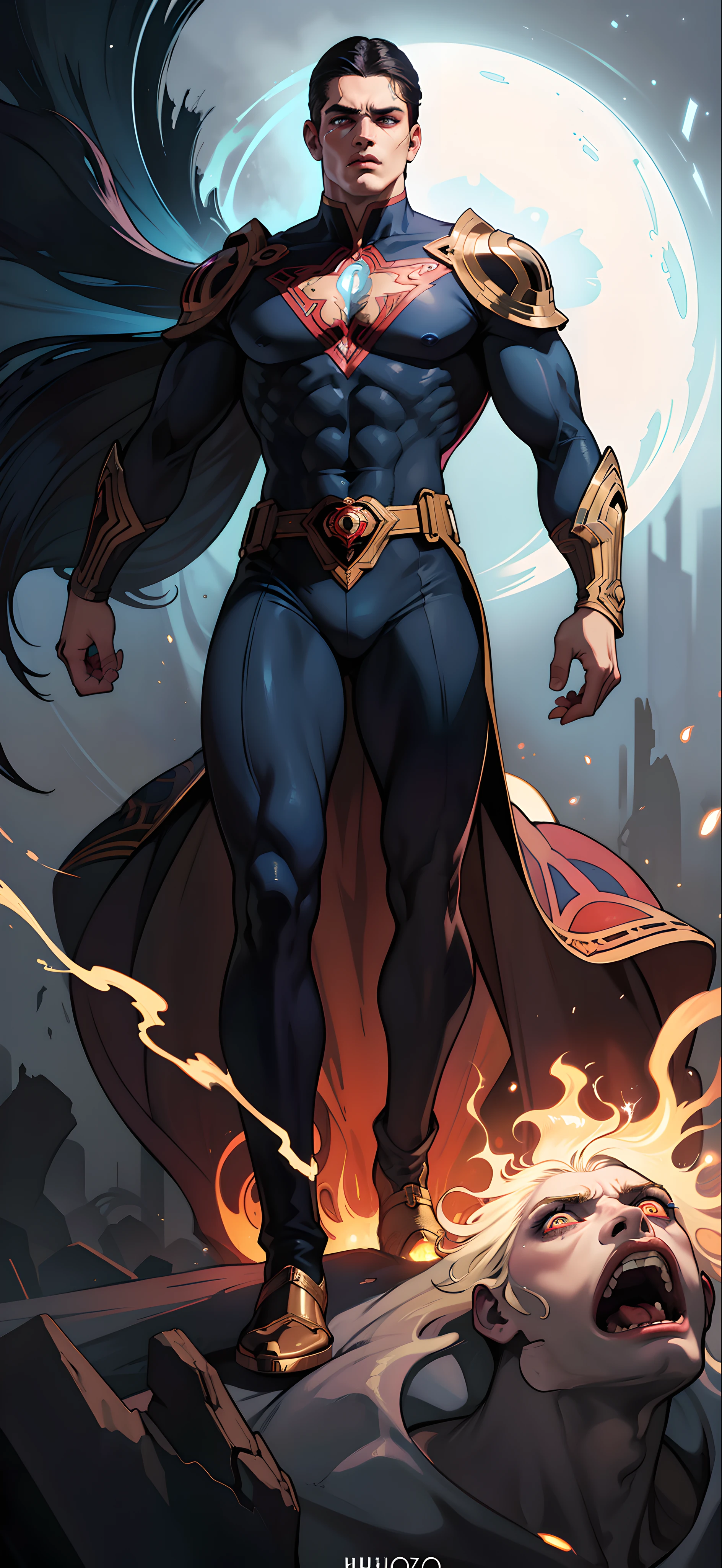 ((uniforme escuro, olhos vermelhos brilhantes:1.1, mucha), best quality, ultra-realistic, horror aesthetics), close-up, (3 supermen), supernatural abilities, dark aura, cracked skin, smoke and shadow, gritty texture, glowing eyes, (sanguessuga:0.8), darkness and fear.