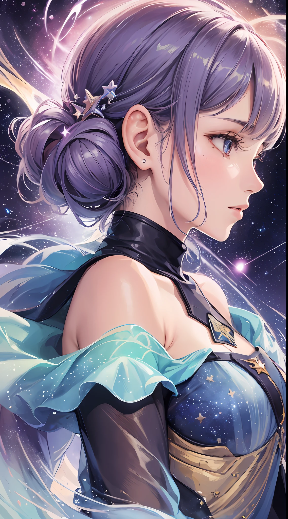 (masterpiece, top quality, best quality, watercolor (medium), official, beautiful and aesthetic art: 1.2), (1 Read Organa Star Wars, : 1.3), (fractal art: 1.3), upper body, profile, patterns, (Read Organa, anime character, Star Wars 1.2),water,liquid,cloud,colorful,starry,stars, magical aura --auto --s2
