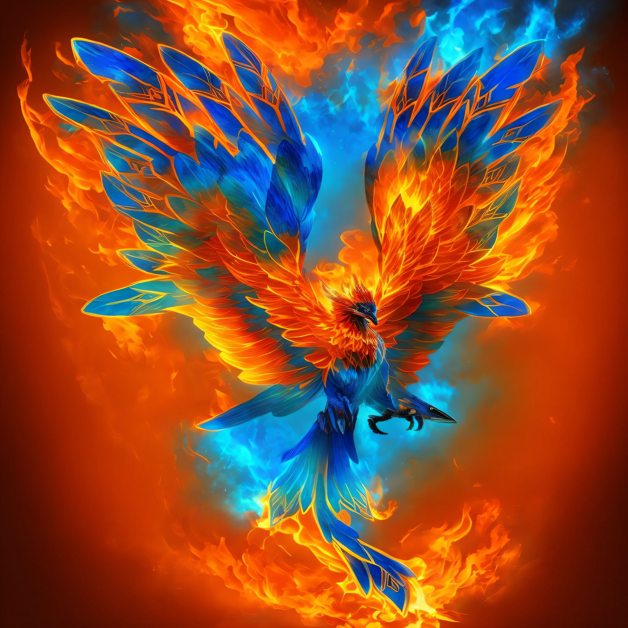 a close up of a bird with a fire on its wings, ''wallpaper of a phoenix, fiery bird, artwork of a phoenix, phoenix in fire, phoenix rising from the ashes, phoenix rising, blue phoenix bird, phoenix-inspired, phoenix dragon, fiery wings, ''wallpaper of a phoenix resting, orange fire/blue ice duality!, phoenix flames