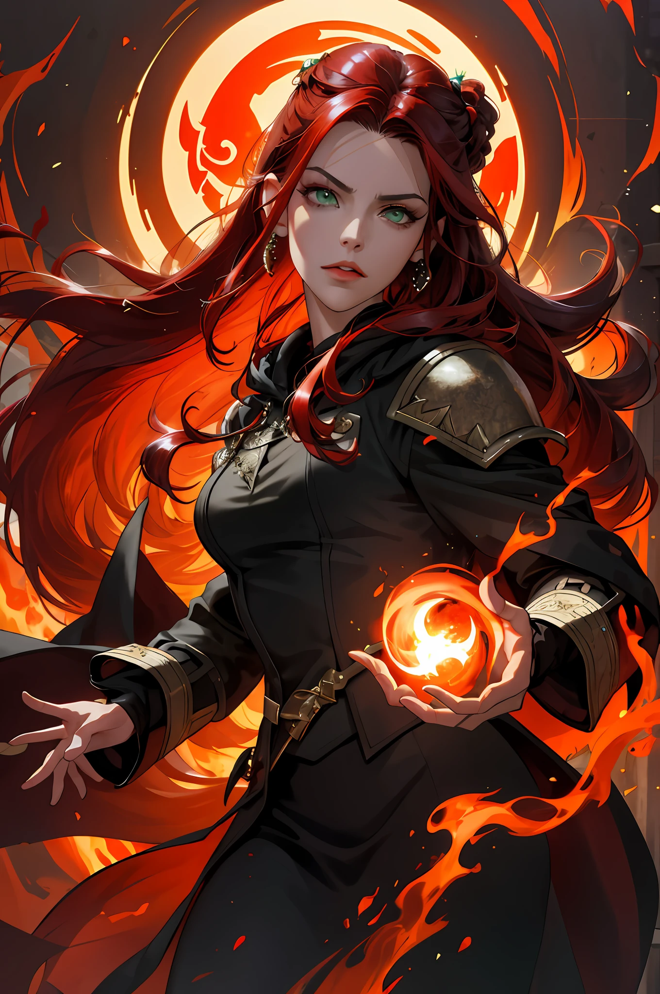 (absurdres, highres, ultra detailed), girl, (makeup, widow peak:1.2), (monica belucci:1.3),thicc,voluptuous, curly hair, braid, kingsglaive garb, fox fur cape, gunslinger clothes,leather armor, glowing eyes, (crimson hair:1.3), long hair, (green eyes), finely detailed eyes and detailed face, extremely detailed CG unity 8k wallpaper, intricate details, (style-swirlmagic:0.8),   portrait,  looking at viewer, solo, (full body:0.6), dynamic pose, detailed background, madness in eyes, hovering in the air, necromancer, evil to the core,  red clouds, casting a spell, fireball, hooded dark robe, dark circlet, underworld,  warhammer theme, bringer of the false light,    dark clouds, floating pieces of dirt,   decadence, evil energy emanating,  dark aura, broken shackles,    , cowboy shot