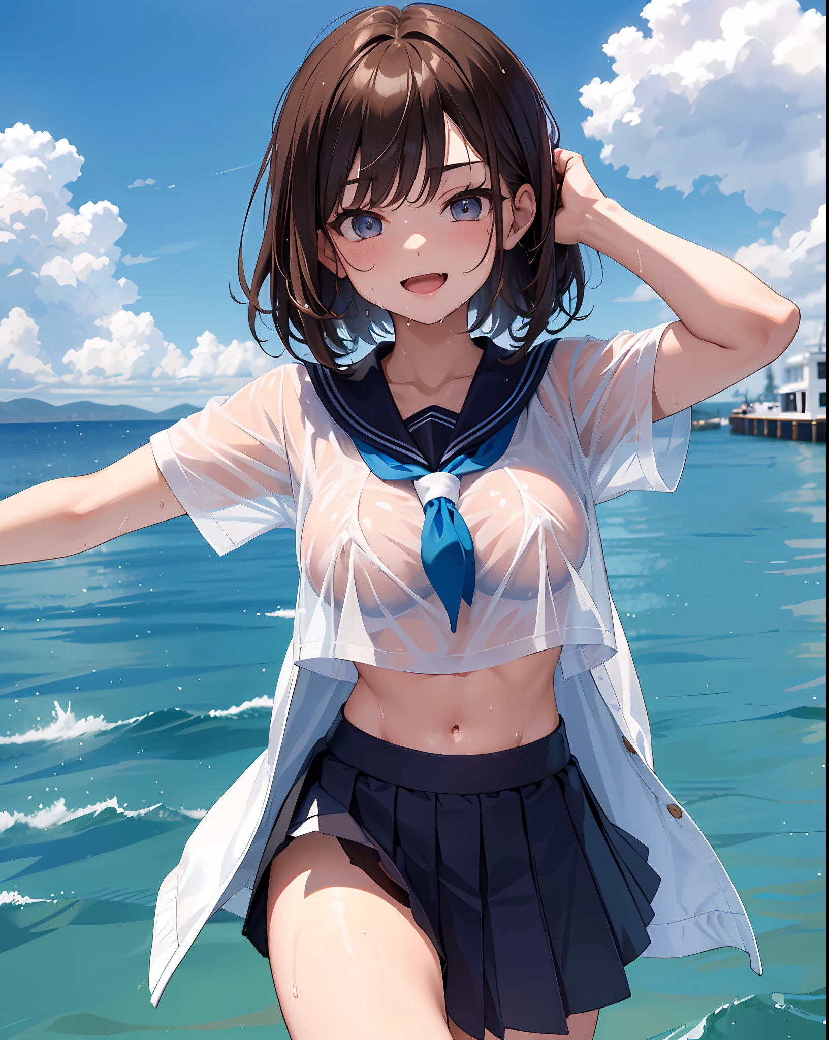1young_teen_ girl, loli, brown_hair, medium_bob_hair, blue_midriff_baring_sailor_uniform, mini_skirt, short_sleeve, thighs, large_, angry, smile, open_mouth, standing, harbor_background, slightly_spread_legs, happy, NSFW, short_gloves, wet,transparent,covered_nipples, covered_,