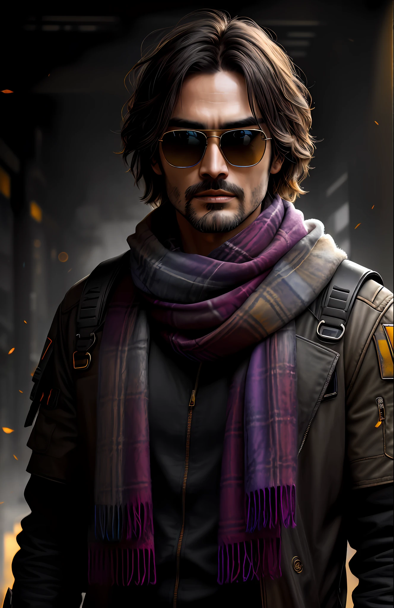 (dark photo: 1.1), realistic epic, halo portrait, sunglasses, blue eyes, plaid scarf, Lee Jin Wook, yellow gradient, black, brown and magenta color scheme, grunge aesthetic!! graffiti brand wall background, soft cinematic light, adobe lightroom, photo lab, hdr, intricate, highly detailed, (depth of field: 1.4), faded, (neutral colors: 1.2), (hdr: 1.4), (soft colors:1.2), hyperdetailed, (artstation:1.4), cinematic, warm lights, dramatic light, (intricate details:1.1), complex background, (rutkowski:0.66), (blue and orange:0.4)