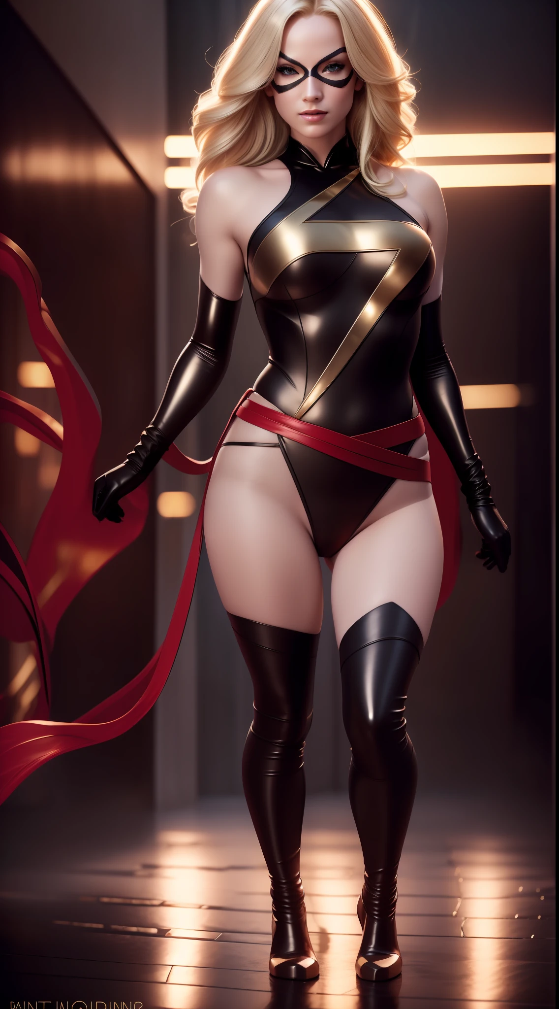 beautiful blonde woman, detailed face, beautiful face, beauty, black clothing, red belt at waist, flying, red bow waist, golden details on boot, mask on eyes, red band on waist, wind effect, full body photo, prominent figure, night, photo (Masterpiece) (Best quality) (Detail) (8K) (HD) (Wallpaper) (Cinematic lighting) (Sharp focus) (Intricate), sexy, rain, wet, rays, best quality, ultra high resolution, photorealistic, full body portrait, incredibly beautiful, dynamic poses, detailed skin texture, highly detailed skin, detailed face, beautiful legs