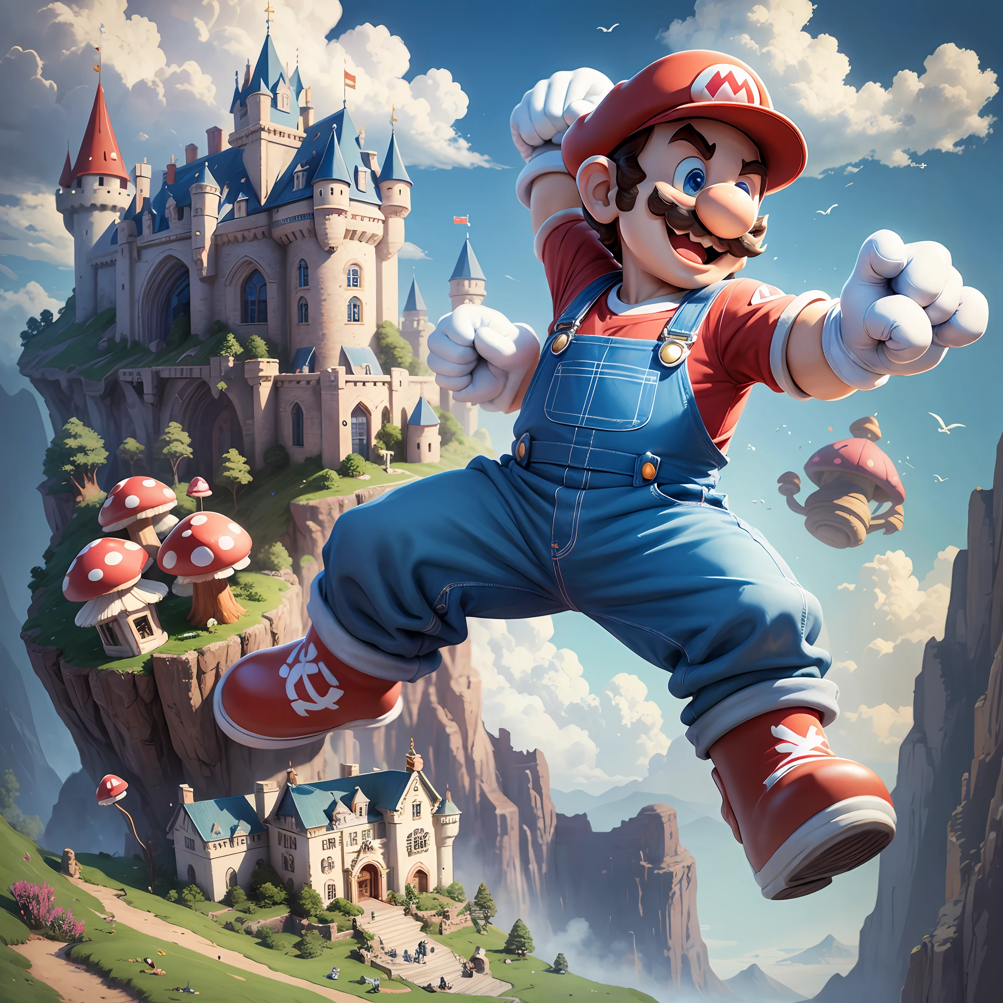 (masterpiece), (bestquality) supermario, blue overalls, red shirt, red cap, smiling, 1boy, short man, little man, short legs, short arms, cartoon looking, jumping, dynamic pose, dynamic expression, smile, (fist up:1.1), big hands, big foot, (white gloves:1.1), mushroom kingdom in the background, giant mushrooms in the background, detailled background, castle with pink roofs on a mountain in the background, cartoon style, defined eyes, blue eyes, white teeth --auto --s2