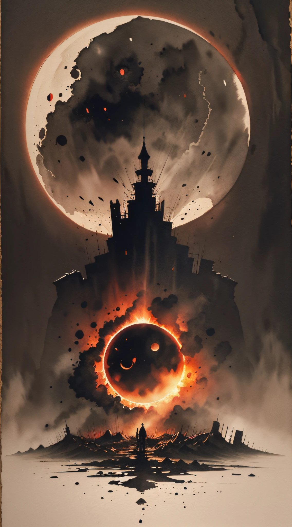 Hell landscape, souls in despair, eclipse, watercolor --auto --s2