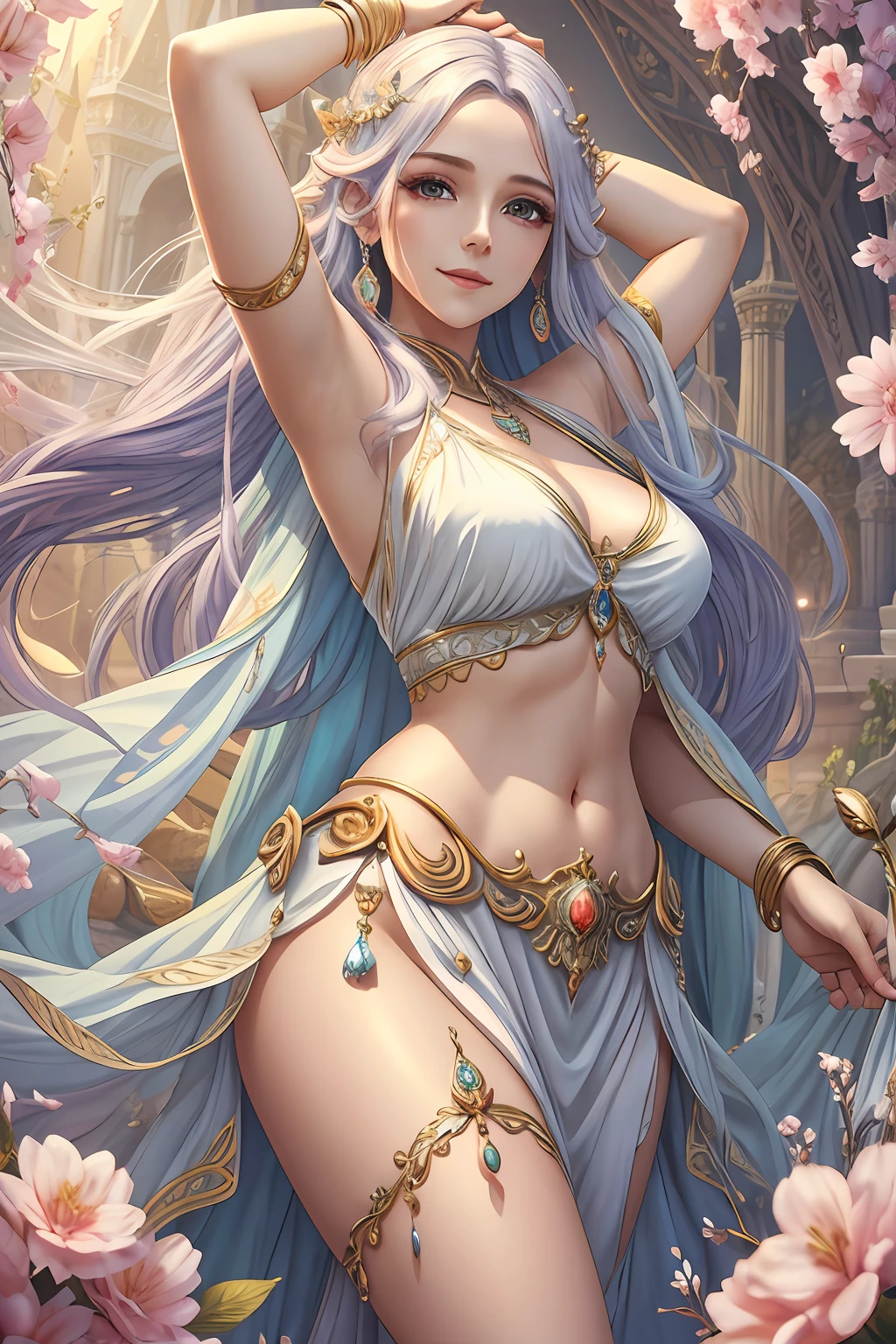 a mature woman, ethereal, vivid color, white goddess clothes, bare shouders, perfect female figure, thighs, armpits, expressionless, light smile, trending on Art Station, masterpiece, 8k resolution, fantasy art,