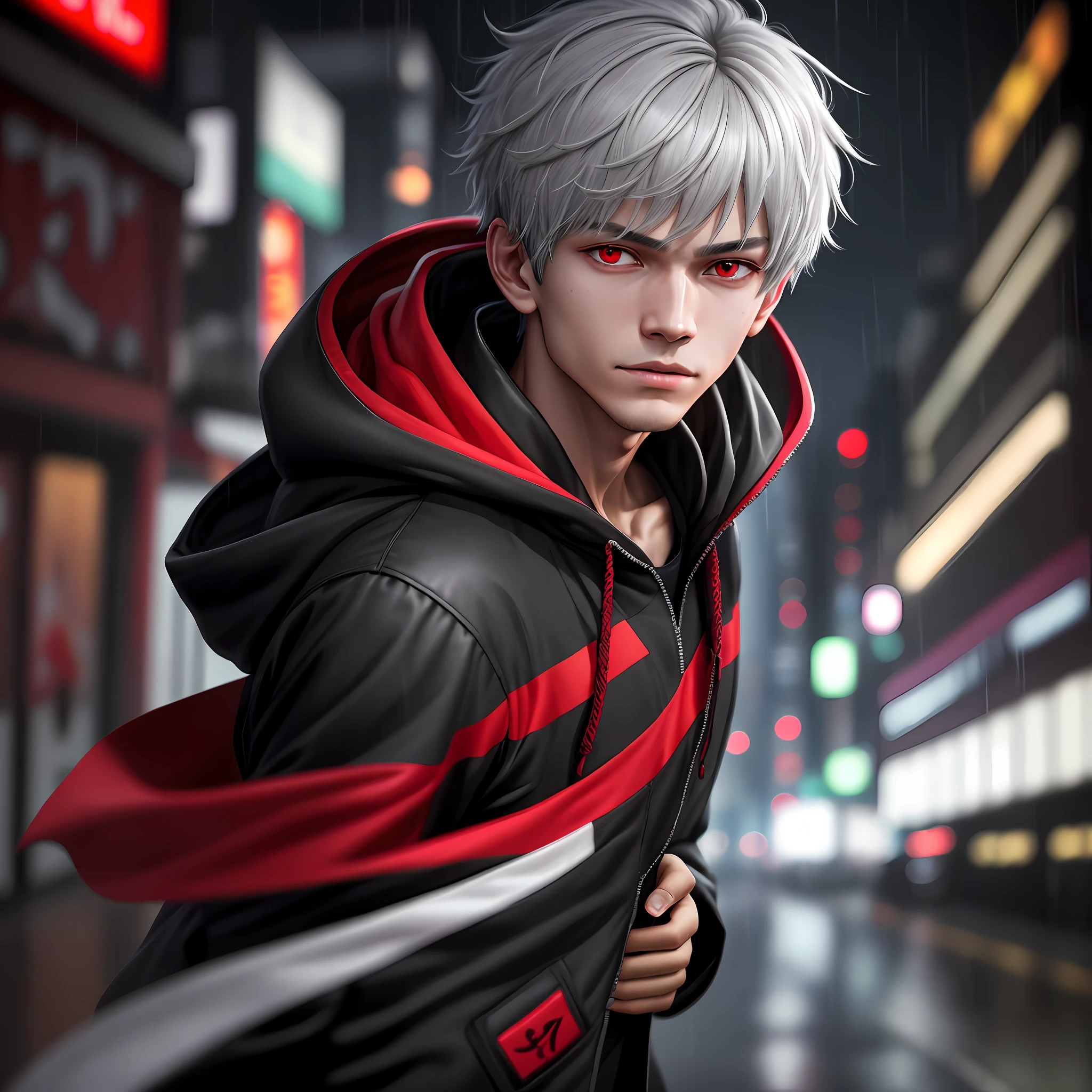 kk, best quality, more details, mastery, 1boy, kaneki ken, portrait, male focus, red eyes, solo, bangs, looking at viewer, hood, short hair, rain, tokyo tokyo \(city\), turban, nail polish , gray hair, luxury, 8k, detail, ray tracing, depth of field, movie lighting,