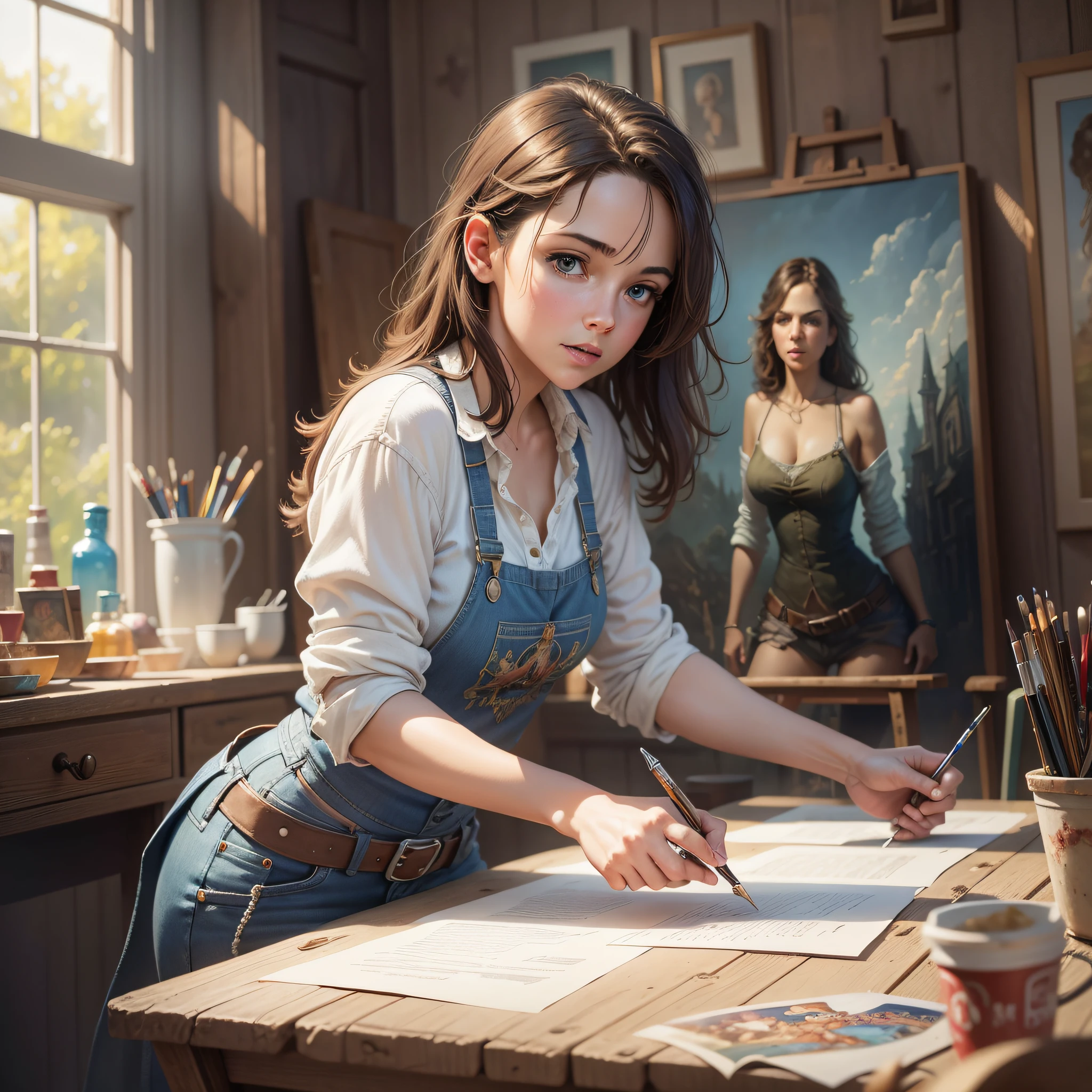 art by Ralph Horsley Indiana John,, dynamic pose. Young woman painting on a canvas in a beautiful art studio. watercolor painting, Jean-Baptiste Monge style, bright, beautiful in spring, splash, big perfect eyes, rim lighting, lights, magic, fantasy, digital art, wlop, artgerm and james jean, cinematic, 4k, Steven Spielberg epic movie, hard focus,
