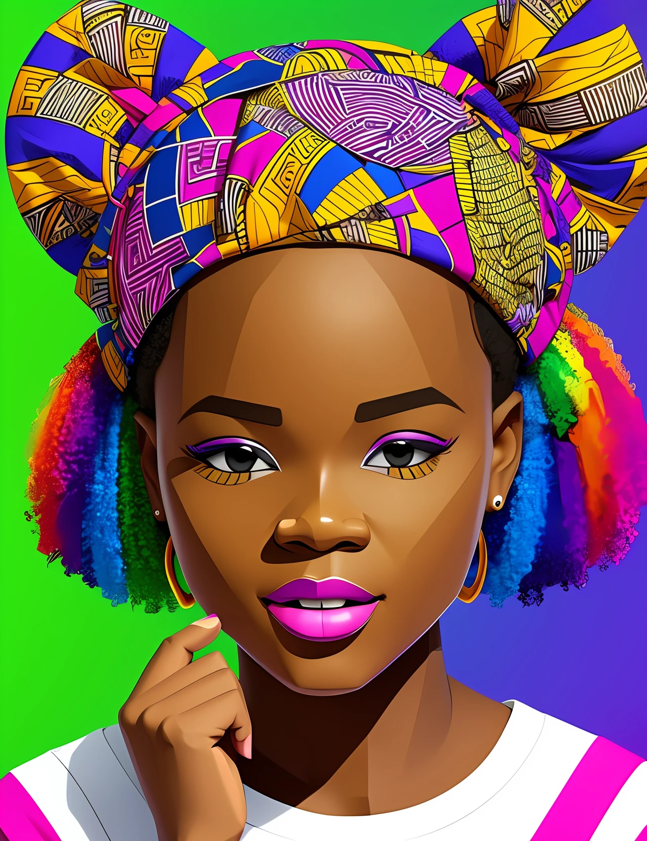 T-shirt print, African culture, 3D vector art, cute and quirky, serene and friendly face, character in the center of the canvas, bold and bright coloring, low poly, -- fingers -- shadows, isometric style, retro aesthetic, focus on characters , 4K resolution, photorealistic rendering, using Cinema 4D, front, 8K --auto --s2