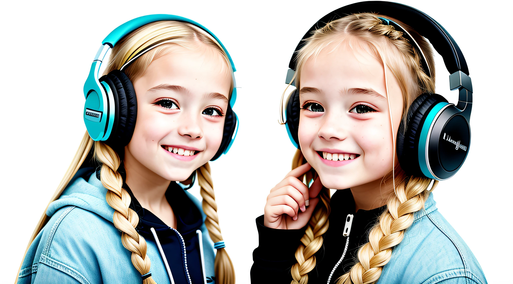 girl 12 years, blonde long hair of braids,portrait, with headphones and sunglasses, smiling and holding hands up, LATEX COAT, girl wearing headphones, listening to music, wearing headphones, with headphones, with headphones, wearing a headset, vibrating with music, listening to pious music,  Using headphone jack, using headset for gaming, tinnitus, high quality portrait, headphones on, , digital art H 9 6 0,, (white background: 1.3).