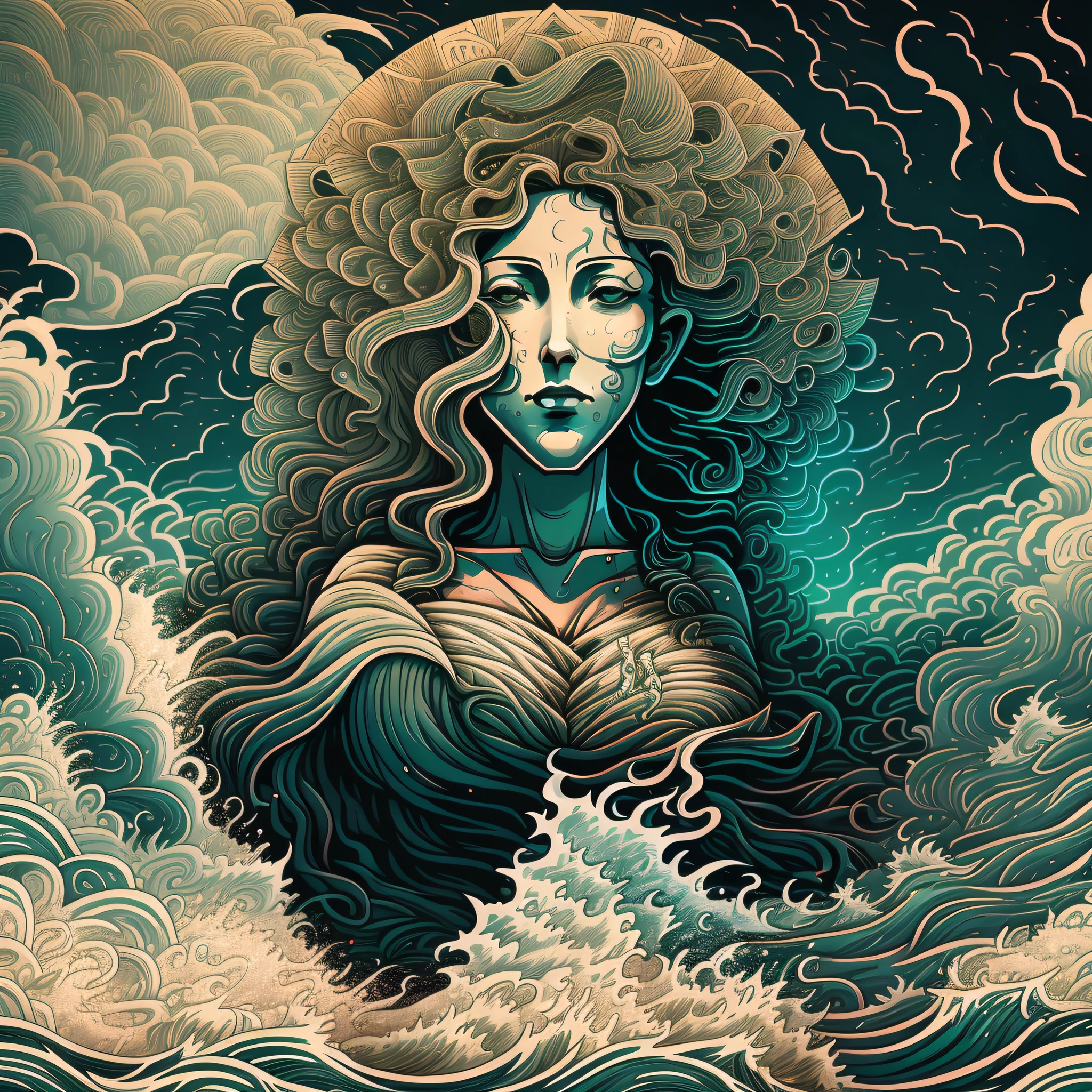 Wave of the sea coming out of the head of a woman with a carnival mask - Hyperealista photo --auto --s2