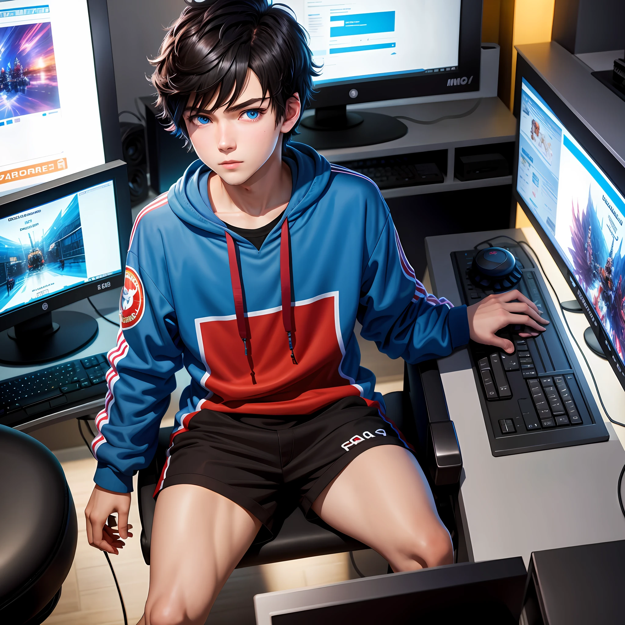 Best quality: 1.0), (Super High Resolution: 1.0), Anime boy, short black hair, blue eyes, sitting in front of computer playing games, background in esports room,