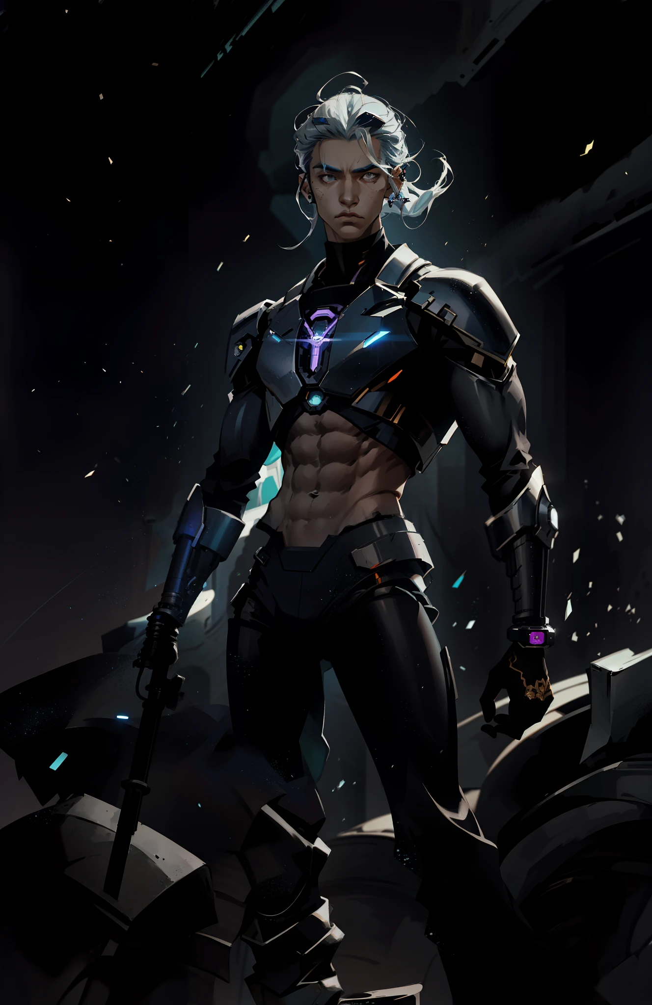 Futuristic, Perfect Artwork, Masterpiece, Futuristic City, Futuristic Era, Mechanical, Fantasy, (((Detailed background))) Cool Cyborg, Cyborg Muscle Model of Sexy 18-Year-Old Asian boy, Astonishingly Beautiful, cute boy, silver Wavy Hair, Perfect Cybernetic Body, Perfect Abs,