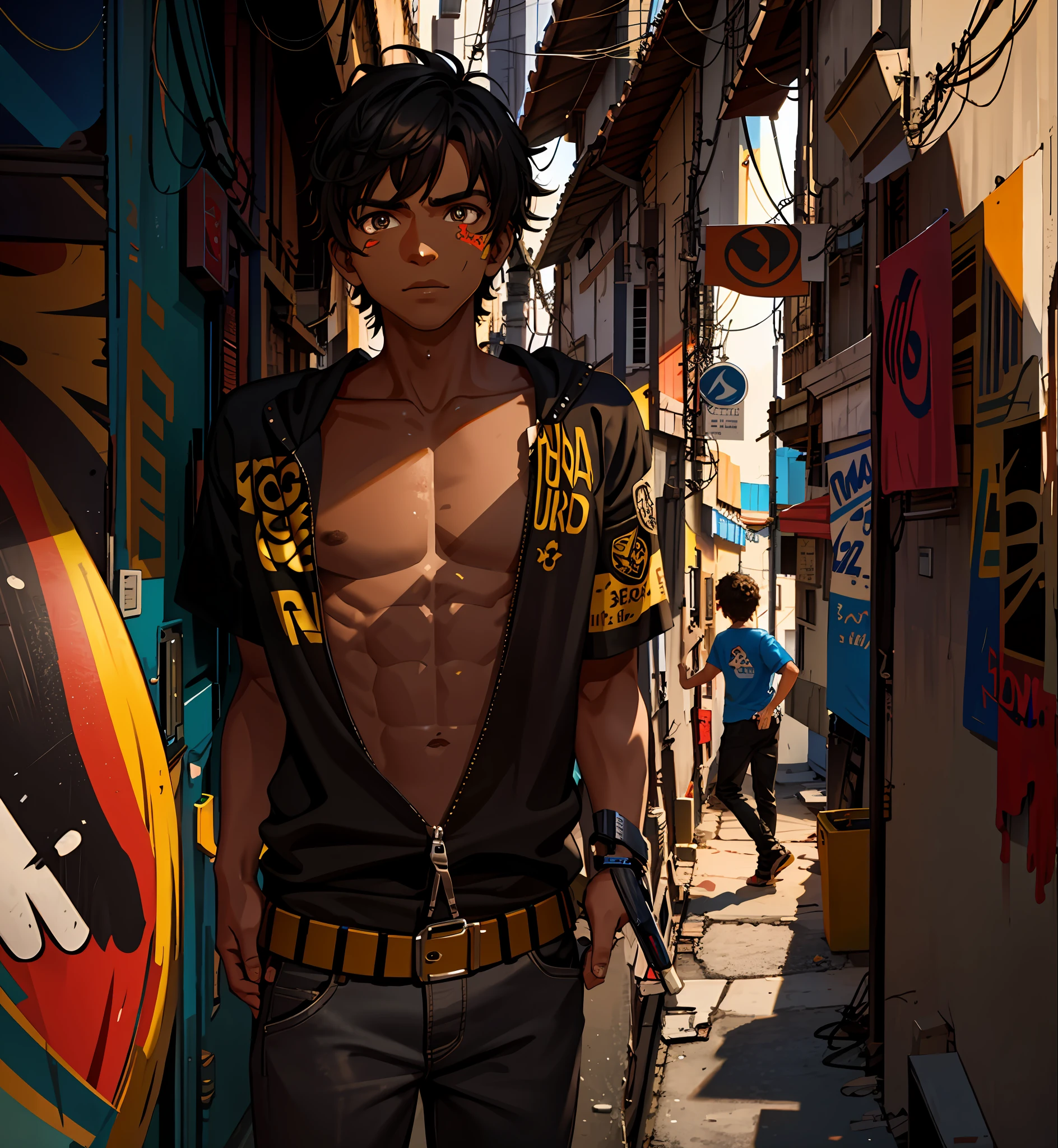 [[Brown Guy]], 1boy, Brazilian Streets, Brazil, Face Detailed, cyberpunk background, sun, day, glass, cyberpunk streets, brazilian, poor boy, guy, (graffiti eduardo Kobra)mado, favela, (best quality, ultra-detailed, best shadow), (detailed background), high contrast, (best lighting), colorful, hyper detail, dramatic light, intricate details, stunning photo, cinematic, iron houses, [golden hour], wallpaper, vibrant colors, 4k,  8k,16k