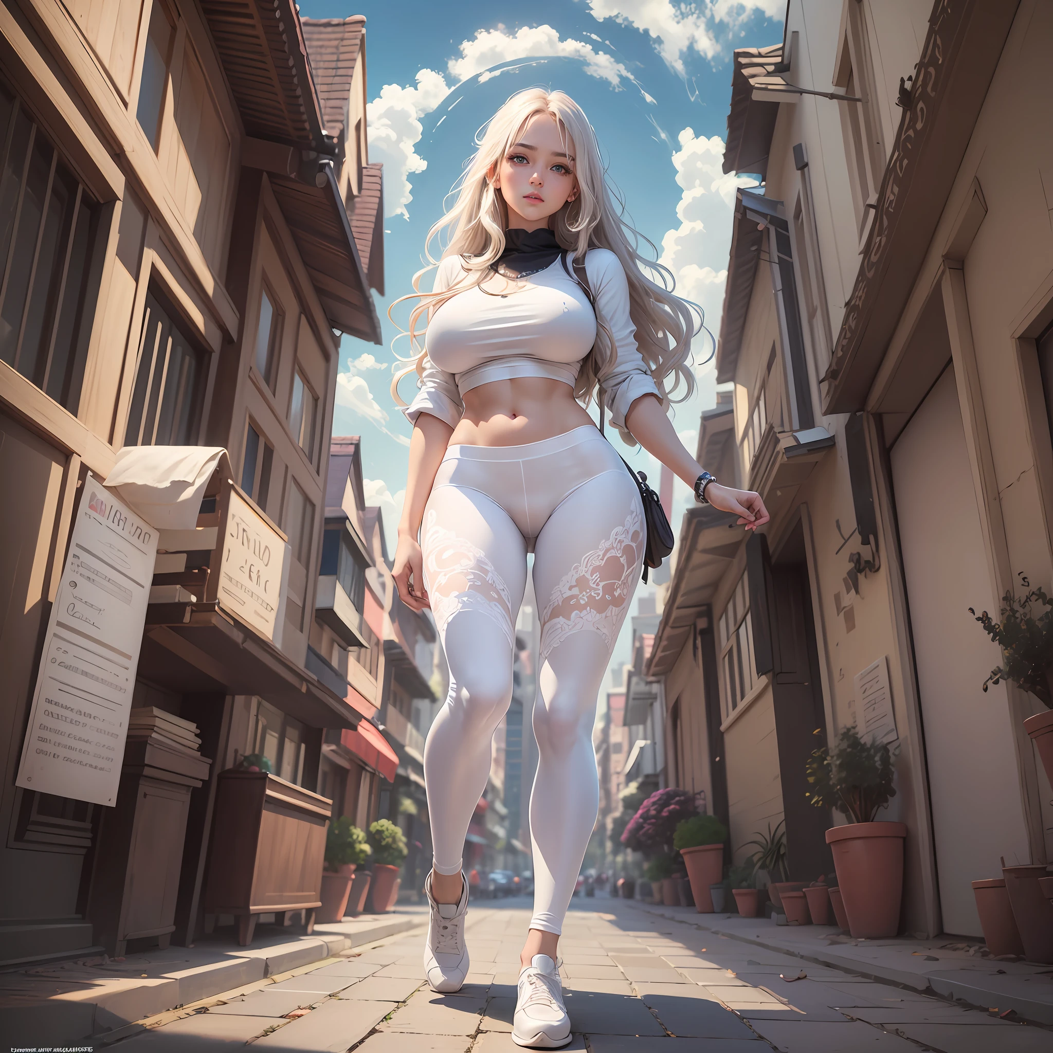 (hyperrealistic), (illustration), (high resolution), (8K), (extremely detailed), (best illustration), (beautiful detailed eyes), (best quality), (ultra-detailed), (masterpiece), (wallpaper), (detailed face), solo 1 girl, white wavy hair, korean, heterochromic eyes, small moles under the eyes, loose white shirt, yoga pants, big breasts, long legs, tight abs, camel toes, dynamic pose --auto --s2