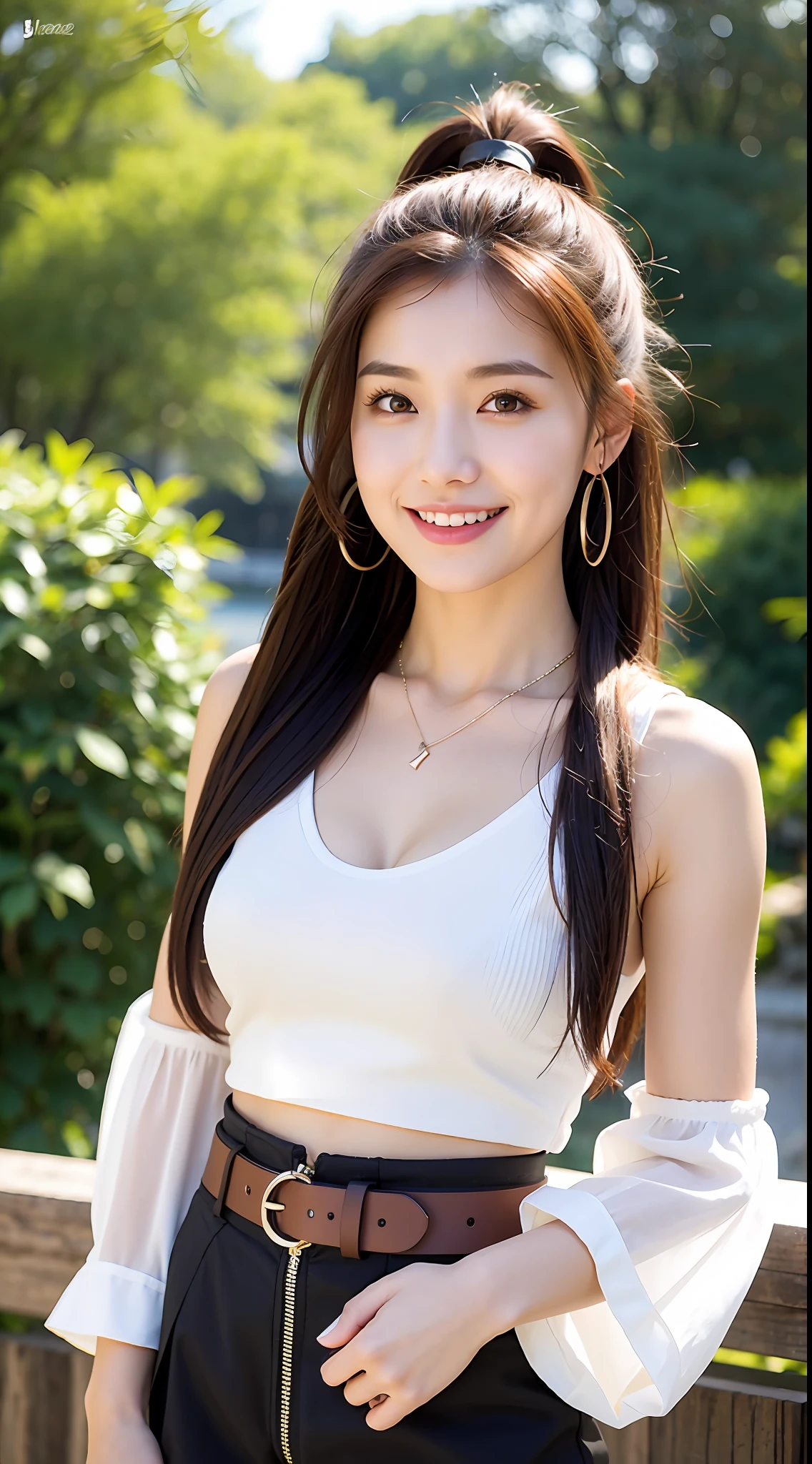 Beautiful girl, shorts, belt, navel, jewelry, looking at the audience, smiling, choke, chest, abdomen, split sleeves, long hair, ponytail, necklace, black hair, natural, skirt, brown hair, cleavage, brown eyes, outdoors, forest, short top, arms around waist, white shirt, close-fitting vest, realistic, shirt, shorts, small boobs, standing, bare shoulders, black eyes, lips, full body