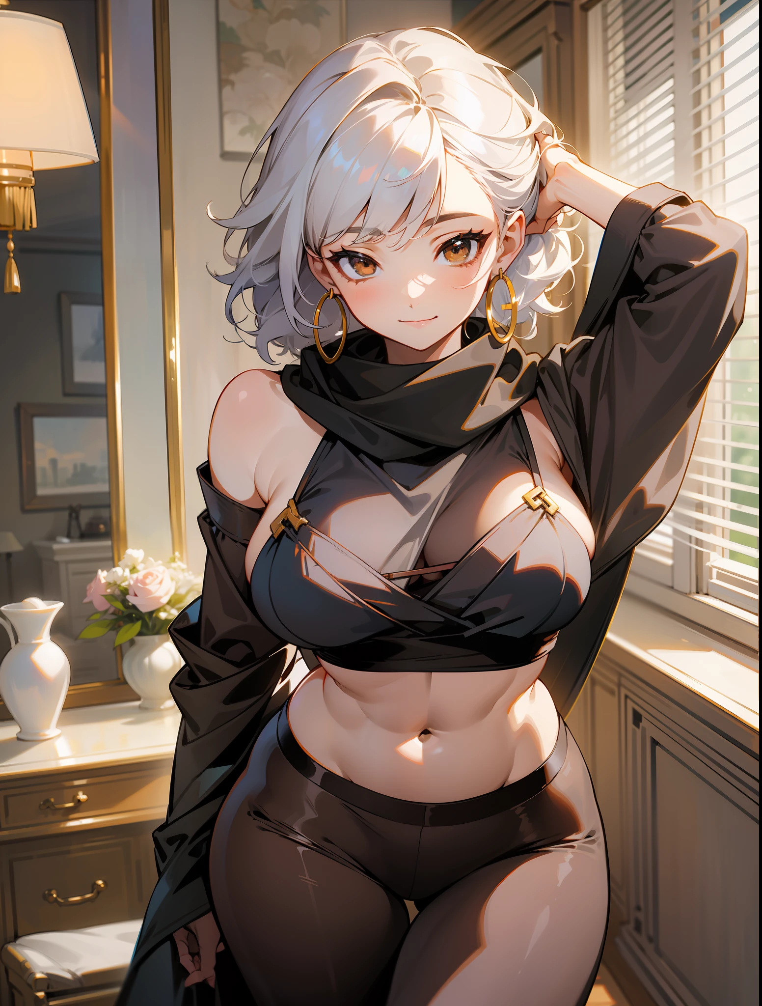 Woman 30 years oriental, Japanese, short to medium hair and slightly curly at shoulder height, detailed scarf tied over the head, covering the whole head, over the hair, scarf over the hair, the top of the head and with tribal design, nice big breasts, flat belly, wide hips, a little defined and a little muscular,  white hair (withe hear), beautiful nose, brown eyes half open, smiling lightly, sexy look, very sexy, seductive and hot, hoop earrings, detailed choker, with thin pantyhose, detailed and white scarf tied at the waist, high heeled shoes, trying on sensual lingerie in front of the mirror, pose in front mirror long, high, light coming in through the bedroom window,  perfect contrast, perfect shadows,