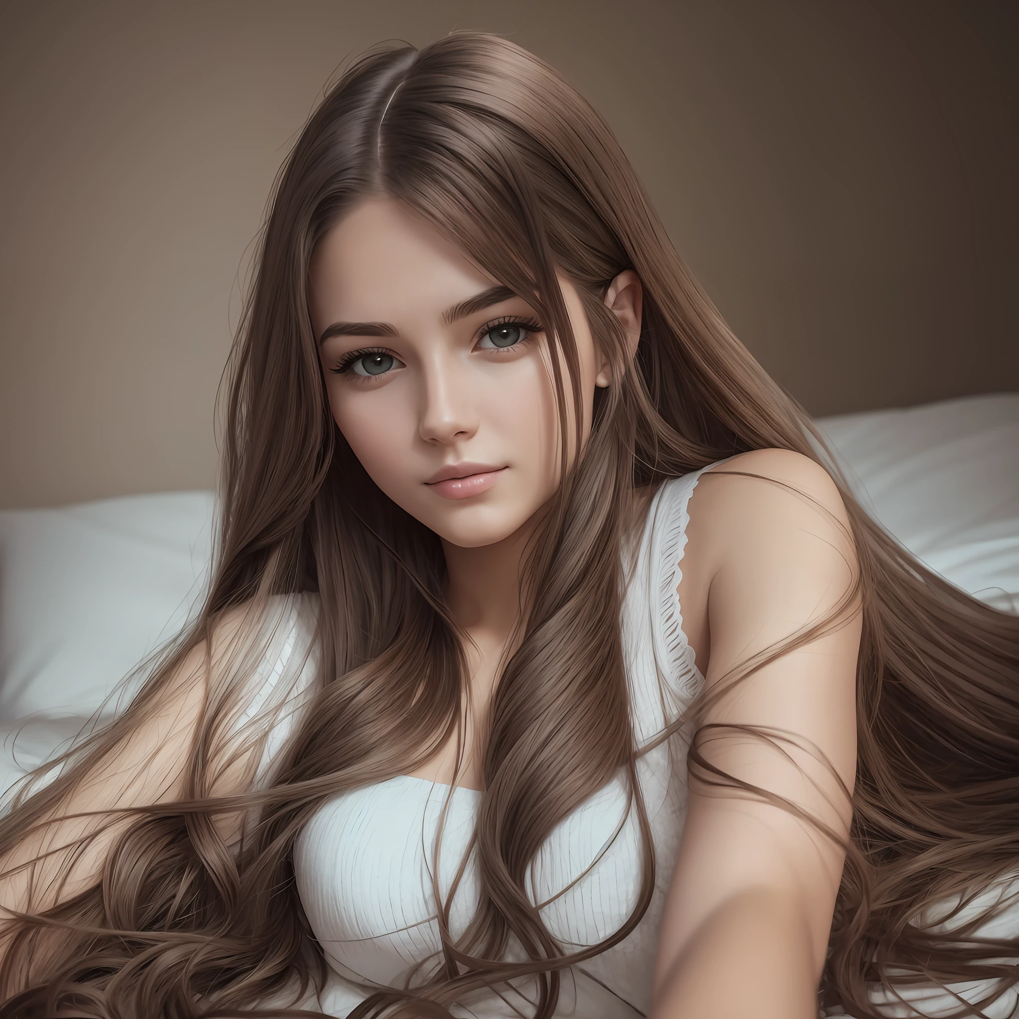 A young woman, with long hair, lying in bed, selfie style image, ultra realistic --auto --s2