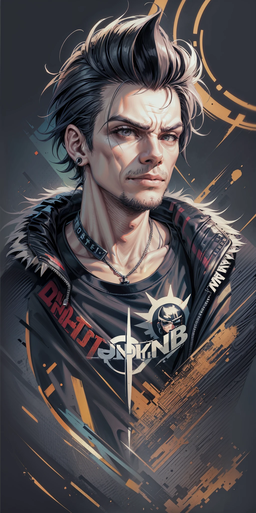 ((in the style of 0mib )) close up a Punk rocker , t-shirt logo in the style of tapered fine outline, orthographic view, vector art --auto --s2