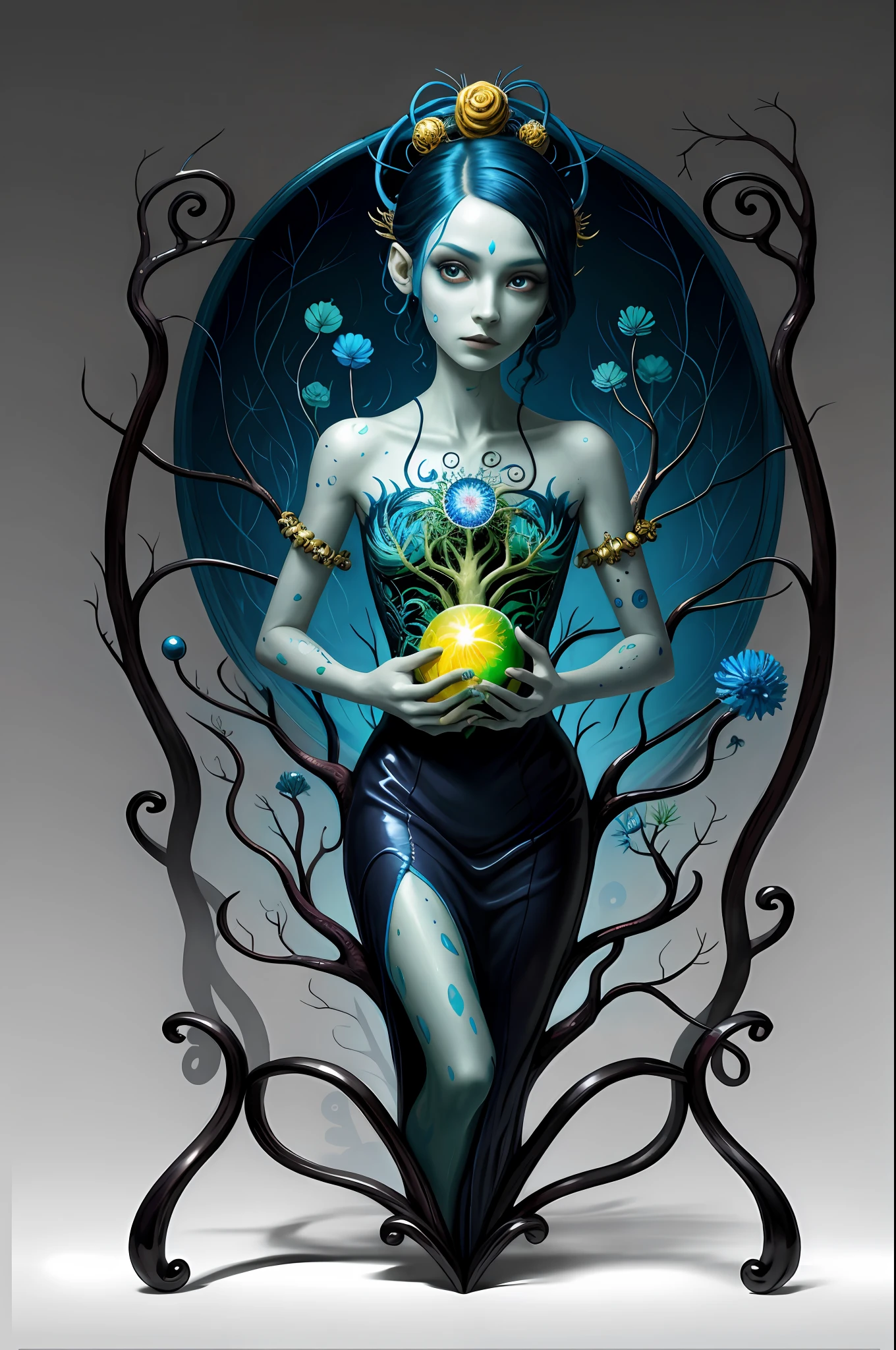 colorpop style, pointy hair, blue skin, natalie shau, mark ryden, alberto seveso, brooke shaden, anna dittmann, flora borsi, yin yang anthill, ant, lily, insect, fern, beautiful alien boy full body photo with oil painting, with thick brushstrokes and wet paint, fibonacci, golden ratio, melted wax, visible brush strokes, surrounded by crystal balls, 3D mosaic wireframe, neurographics, neurons, tree of life, color, love, passion, oil on canvas, thick brush strokes, crazy details, 8k uhd, masterpiece, art stand, surrealism