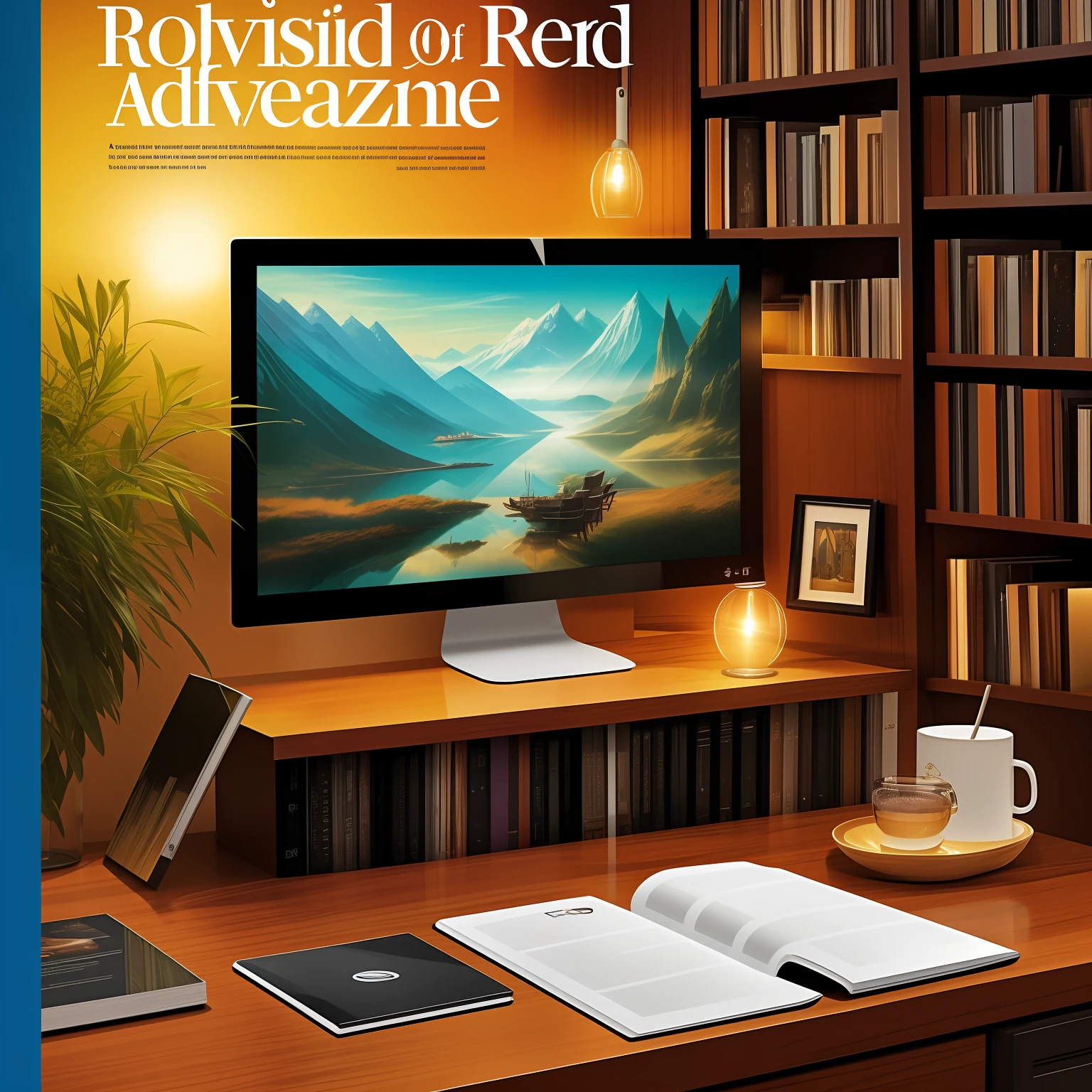 Advertising cover depicts a digital magazine. Table with computers and smatphones displaying on the screen a digital magazine. The glossy cover displays an elegant title and a surreal illustration of a magical landscape. Next to the magazine, there is a cup of coffee, reading glasses and a lighted lamp, creating a cozy atmosphere. A bookshelf in the background completes the inspiring atmosphere.
