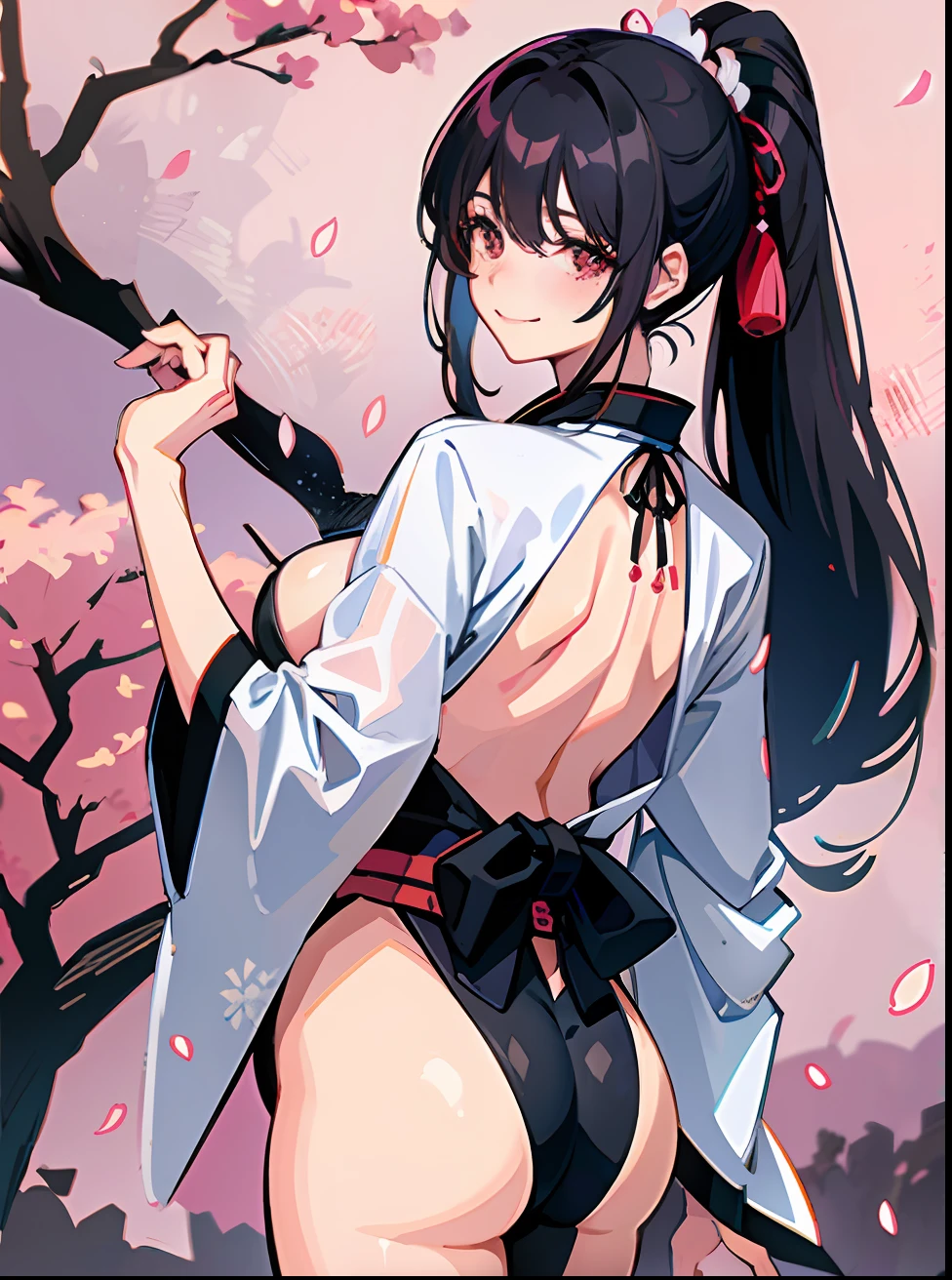 Draw a high-quality, good-definition image of a mature (older) female anime character who was found in a park near a cherry tree dropping her petals, the character is also holding her ass with her fingertips and about 30 years old, with black hair, shiny, silky reaching down to the middle of his back in his ponytail, smiling with his cheeks slightly pink with a slight blush on his cheeks. She could be wearing a traditional Japanese kimono, which values her beautiful body, her beautiful curves, her big ass, slim waist, wide hips