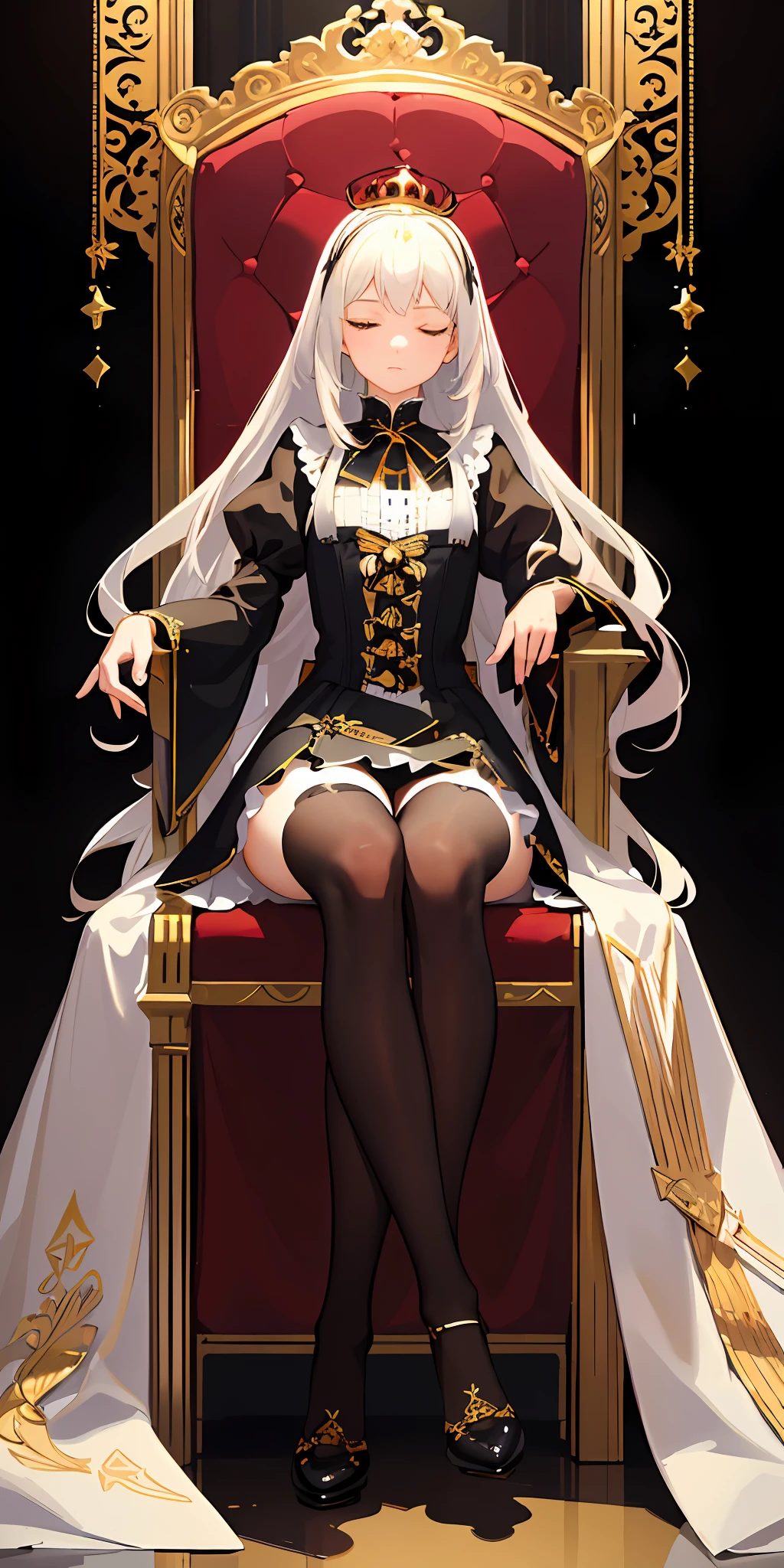 (Masterpiece:1.2), best quality, (illustration:1.2), (ultra-detailed), hyper details, (delicate detailed), (intricate details), (cinematic light, best quality Backlights), clear line, from below, soloist, perfect body, black stockings, suspenders, lolita shoes, lolita shoes, (1girl), white hair and yellow eyes, (emperor, black see-through coat), (crown: 1.1), sitting on the throne, slightly closed eyes, head down, head down, (shy: 1.2 ), (makeup), high contrast, (best illumination, an extremely create and beautiful), (( cinematic light)), colorful,