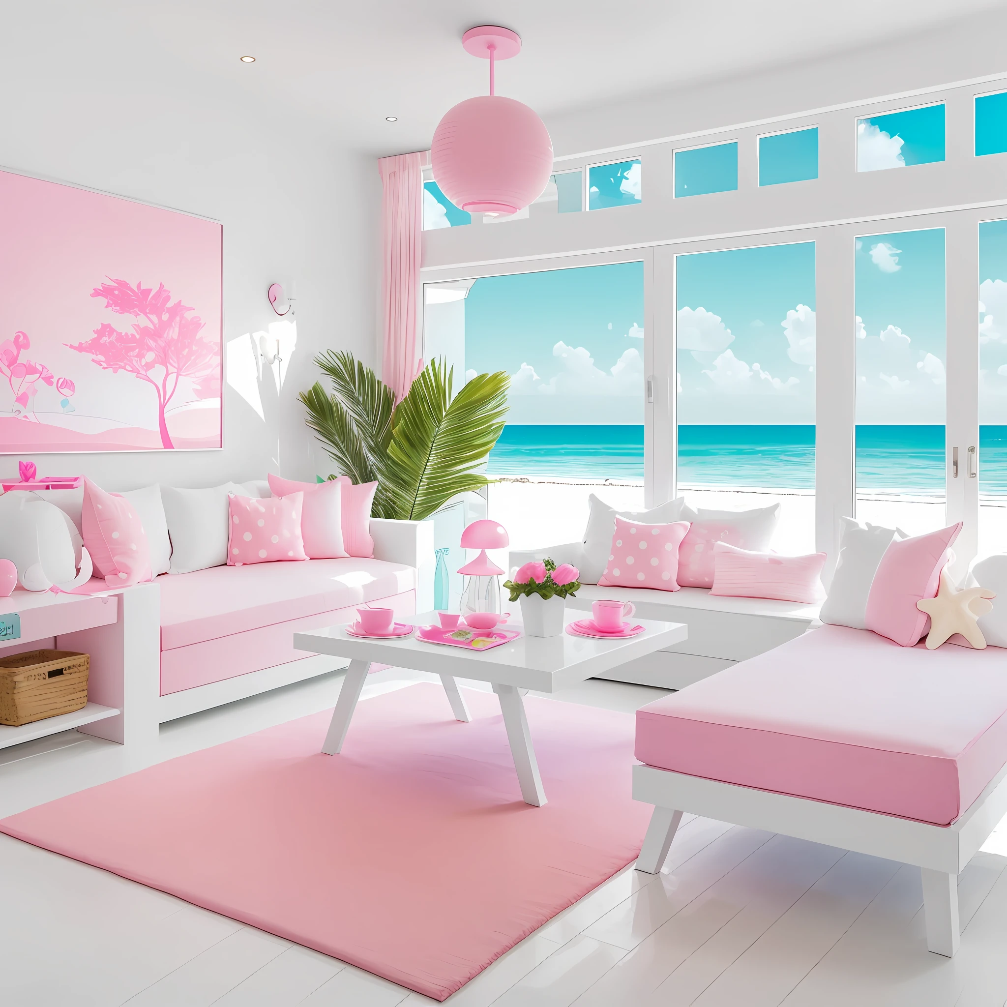 (best quality),(modern beach house:1.2,barbie themed:1.2),interior design,stylish and modern,with a playful and whimsical atmosphere,white and pink colors,cozy furniture,unique lamps,and fantastic wall art,perfect for a beachy getaway!