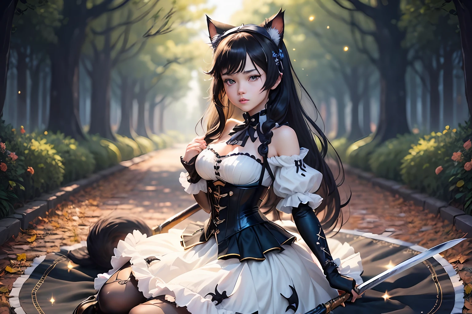 Best quality ultra-detailed CG Unity 8k Wallpaper with an anime style and bokeh lighting. A girl wearing a white dress and black corset, holding a large zweihander sword, wearing brown leather boots. The scene is dark with spots of light shining through the trees.anime style:1.3) anime girl with (black cat ears:1.2) and (black cat tail:1.2), (medium length black hair) in (dynamic pose), (blank expression), (sparkling blue eyes), 1girl,  outfit --auto --s2