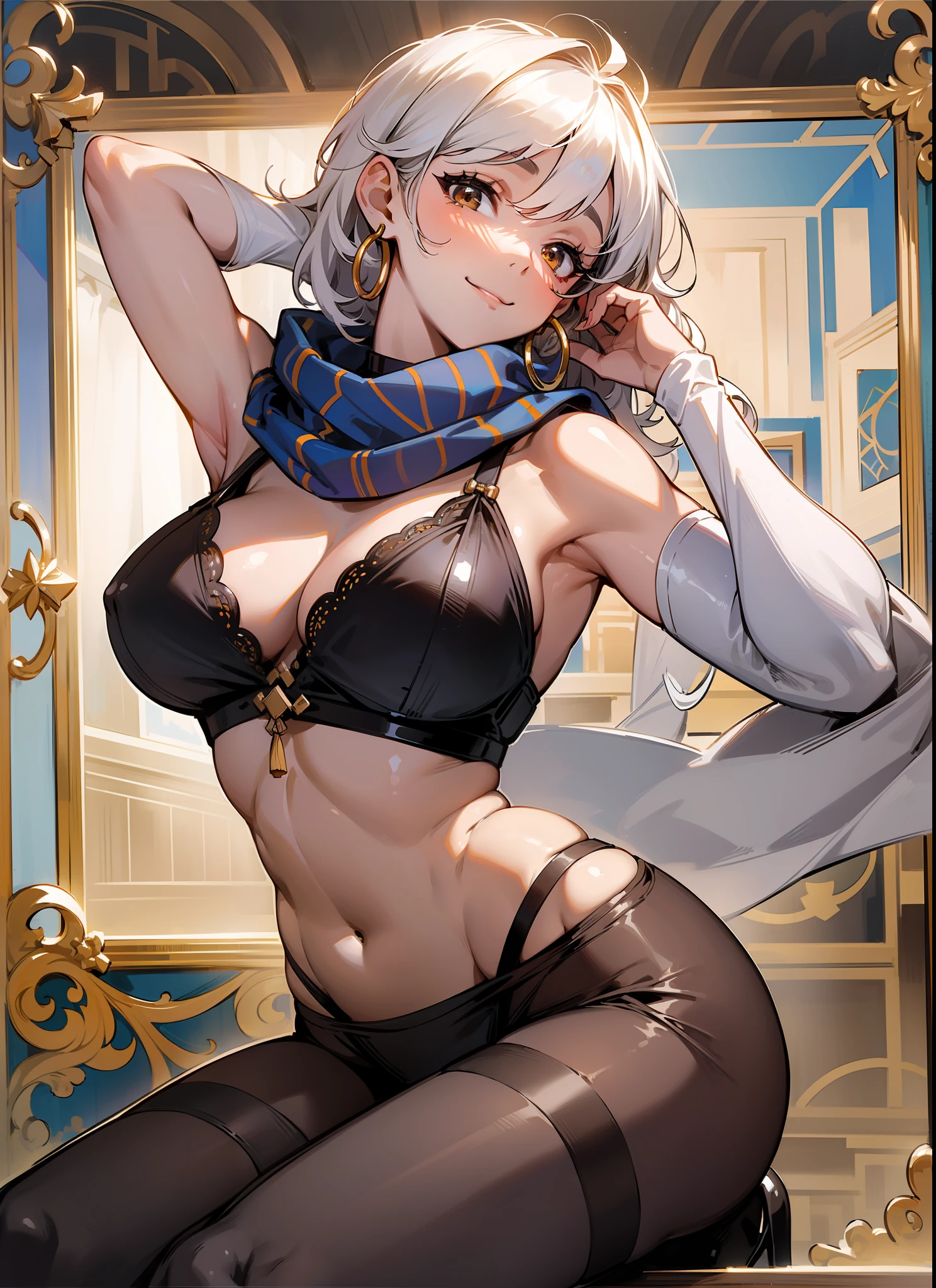 Woman 30 years oriental, Japanese, short to medium hair and slightly curly at shoulder height, detailed scarf tied over the head, covering the whole head, over the hair, scarf over the hair, the top of the head and with tribal design, nice big breasts, flat belly, wide hips, a little defined and a little muscular, white hair (withe hear), beautiful nose, brown eyes half open, smiling lightly, sexy look, very sexy, seductive and hot, hoop earrings, detailed choker, with thin pantyhose, detailed and white scarf tied at the waist, high heeled shoes, trying on sensual lingerie in front of the mirror, pose in front mirror long, high, light coming in through the bedroom window, perfect contrast, perfect shadows,