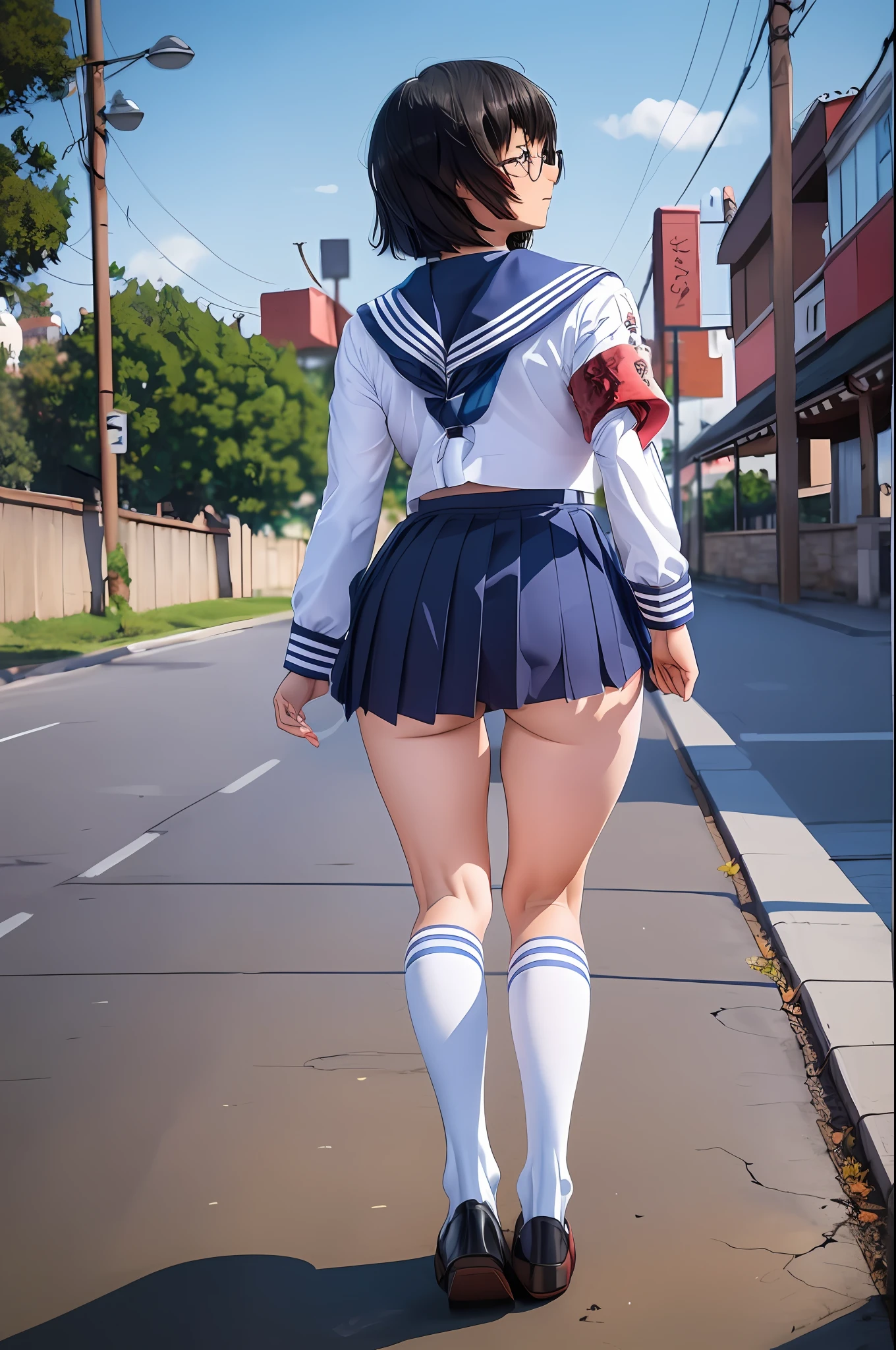 Suzuka, girl, short black hair, face, glasses, atarashii gakko leaders, sleeved sailor school uniform, red armband, white/blue shirt, and blue skirt, legs, white/blue high knee socks, shoes, sexy legs, view from behind, panty line view, standing,